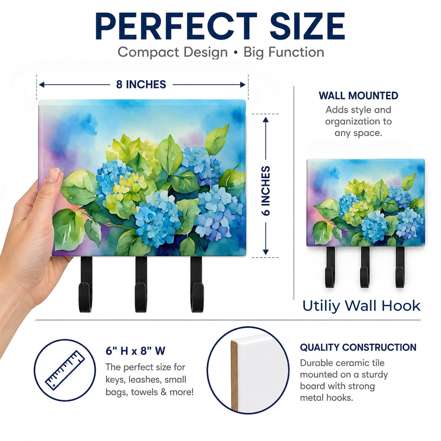 Hydrangeas in Watercolor Leash or Key Holder Wall Hooks, Coat Rack Wall Mount, for Hanging Keys, Towels, Aprons, Leashes