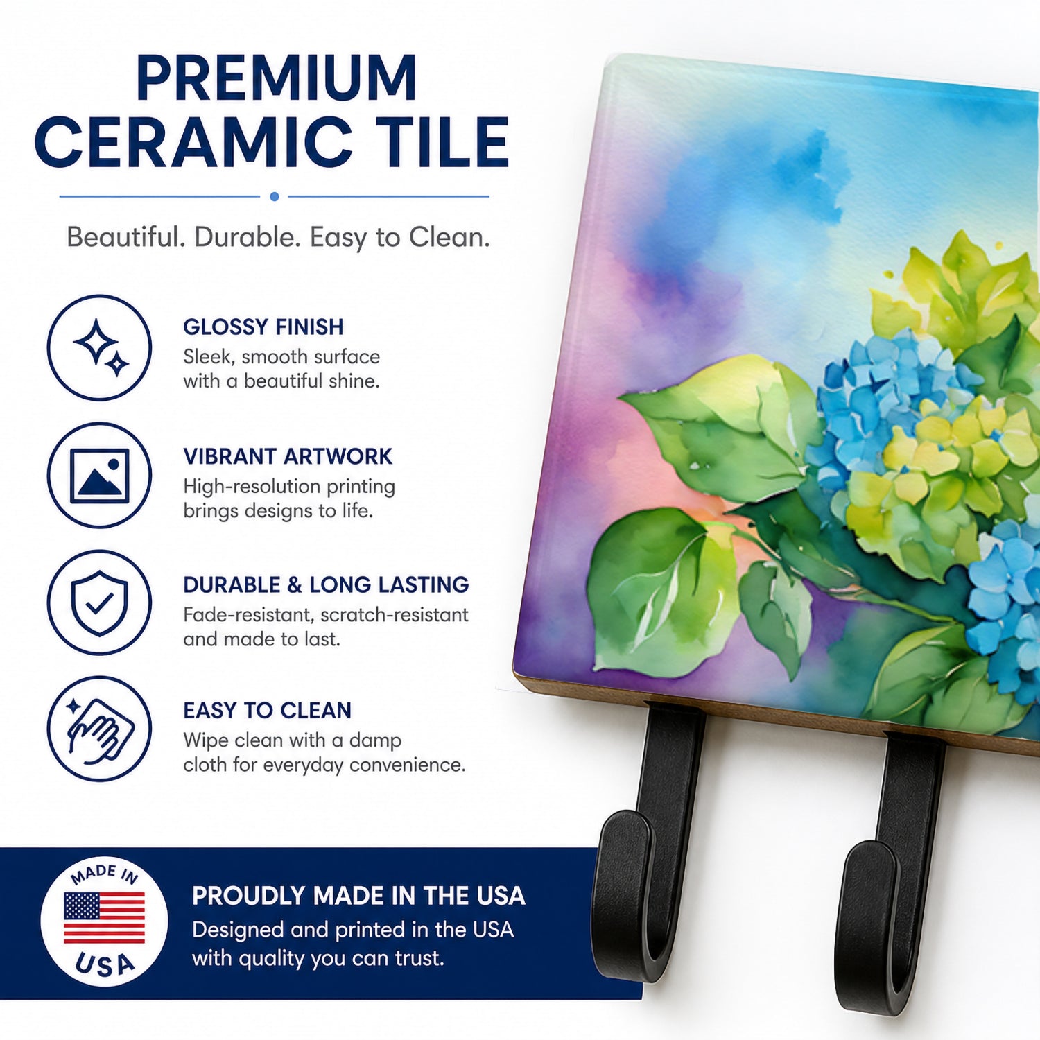 Hydrangeas in Watercolor Leash or Key Holder Wall Hooks, Coat Rack Wall Mount, for Hanging Keys, Towels, Aprons, Leashes