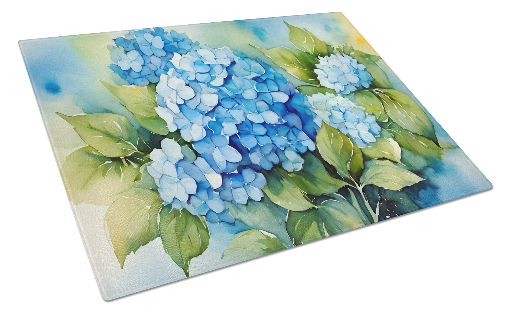 Hydrangeas in Watercolor Cutting Board Tempered Glass Kitchen Cutting Surface, Heat Resistant Chopping, Non-Slip Feet, Food Prep & Serving