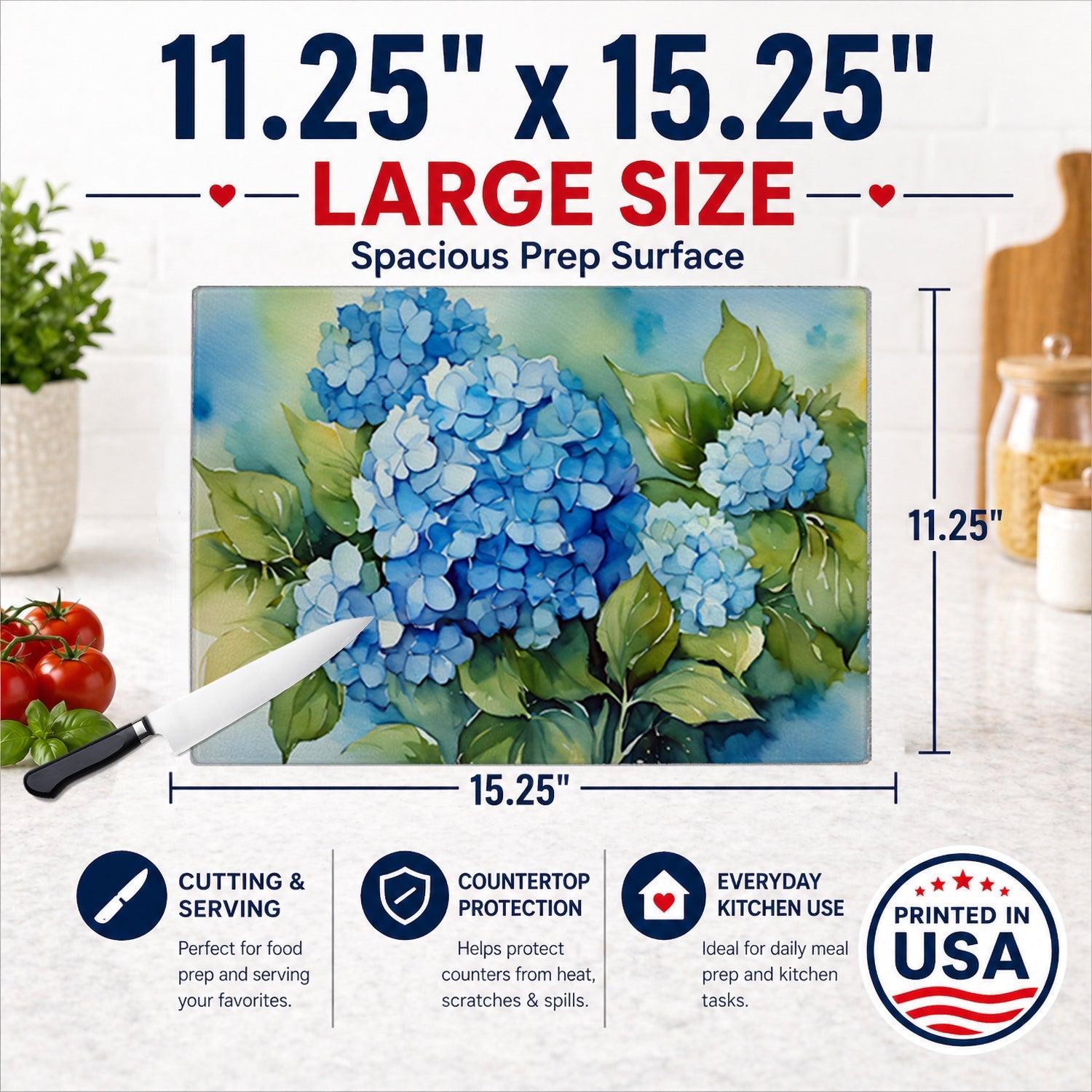 Hydrangeas in Watercolor Cutting Board Tempered Glass Kitchen Cutting Surface, Heat Resistant Chopping, Non-Slip Feet, Food Prep & Serving