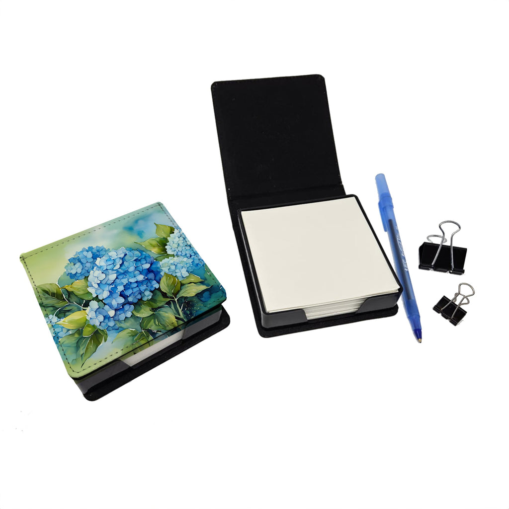 Hydrangeas in Watercolor PU Leather Note Paper Holder with Artist-Designed Cover, Desk Accessory, Office Gift