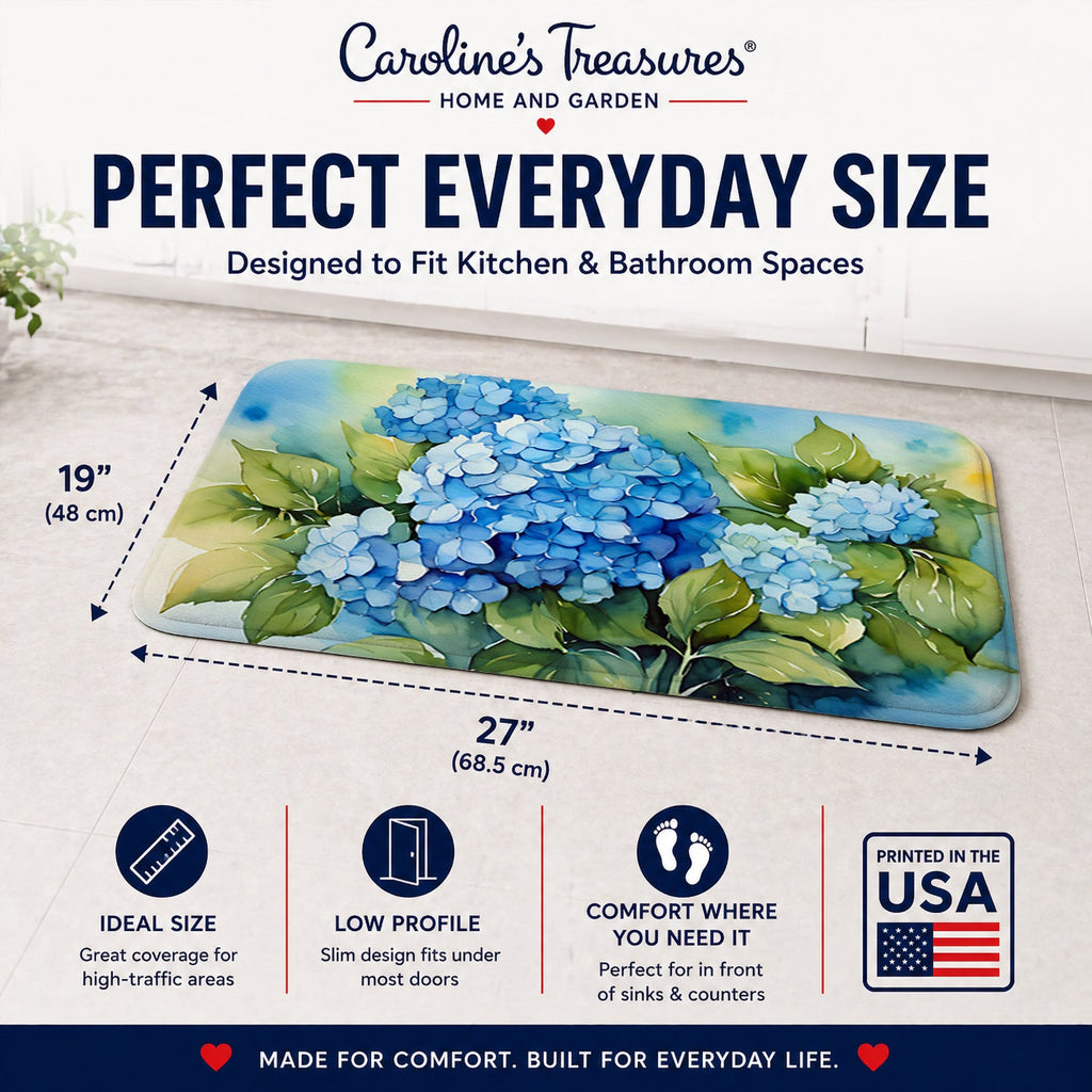 Hydrangeas in Watercolor Memory Foam Kitchen Mat Machine Washable Anti-Fatigue Cushion Comfort Bath or Kitchen Rug