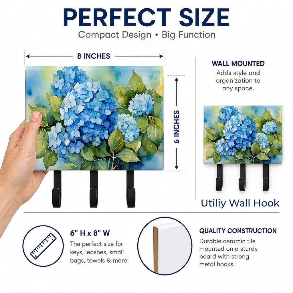 Hydrangeas in Watercolor Leash or Key Holder Wall Hooks, Coat Rack Wall Mount, for Hanging Keys, Towels, Aprons, Leashes