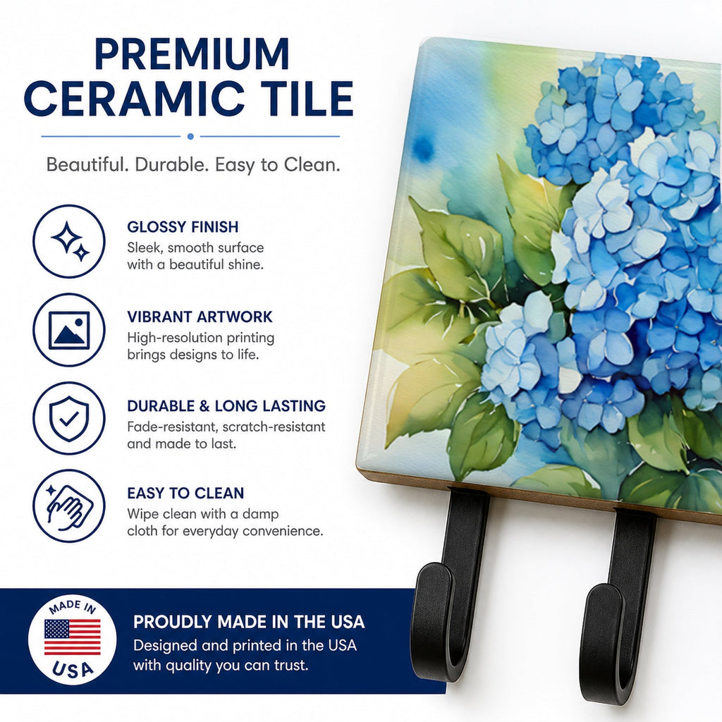 Hydrangeas in Watercolor Leash or Key Holder Wall Hooks, Coat Rack Wall Mount, for Hanging Keys, Towels, Aprons, Leashes