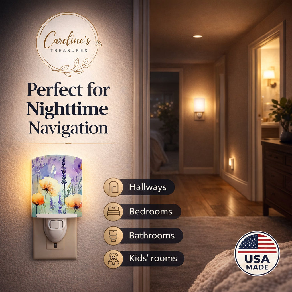 Lavender in Watercolor Ceramic Night Light Compact, UL-Certified, Ideal for Bedroom, Bathroom, Nursery, Hallway, Kitchen, 6x4x3, Multicolor