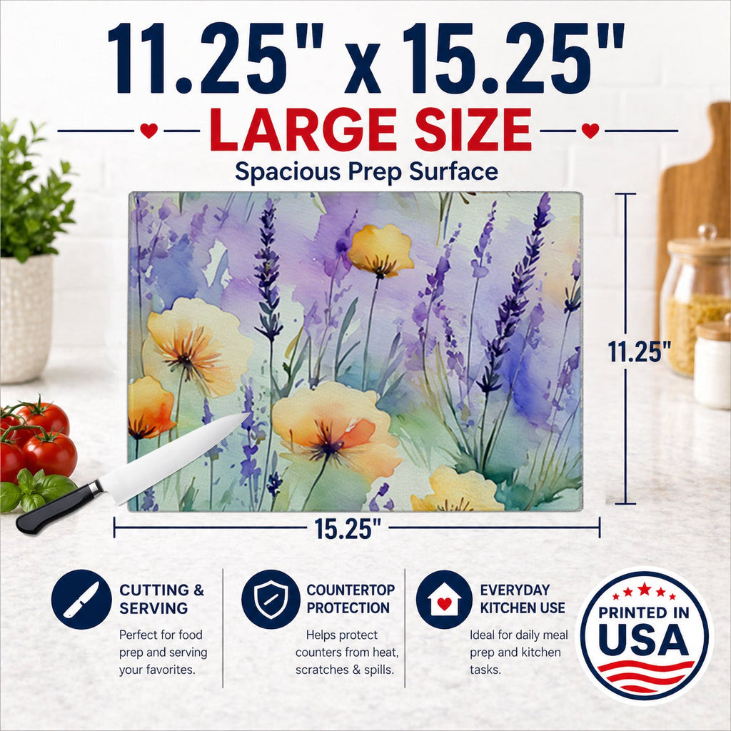 Lavender in Watercolor Cutting Board Tempered Glass Kitchen Cutting Surface, Heat Resistant Chopping, Non-Slip Feet, Food Prep & Serving
