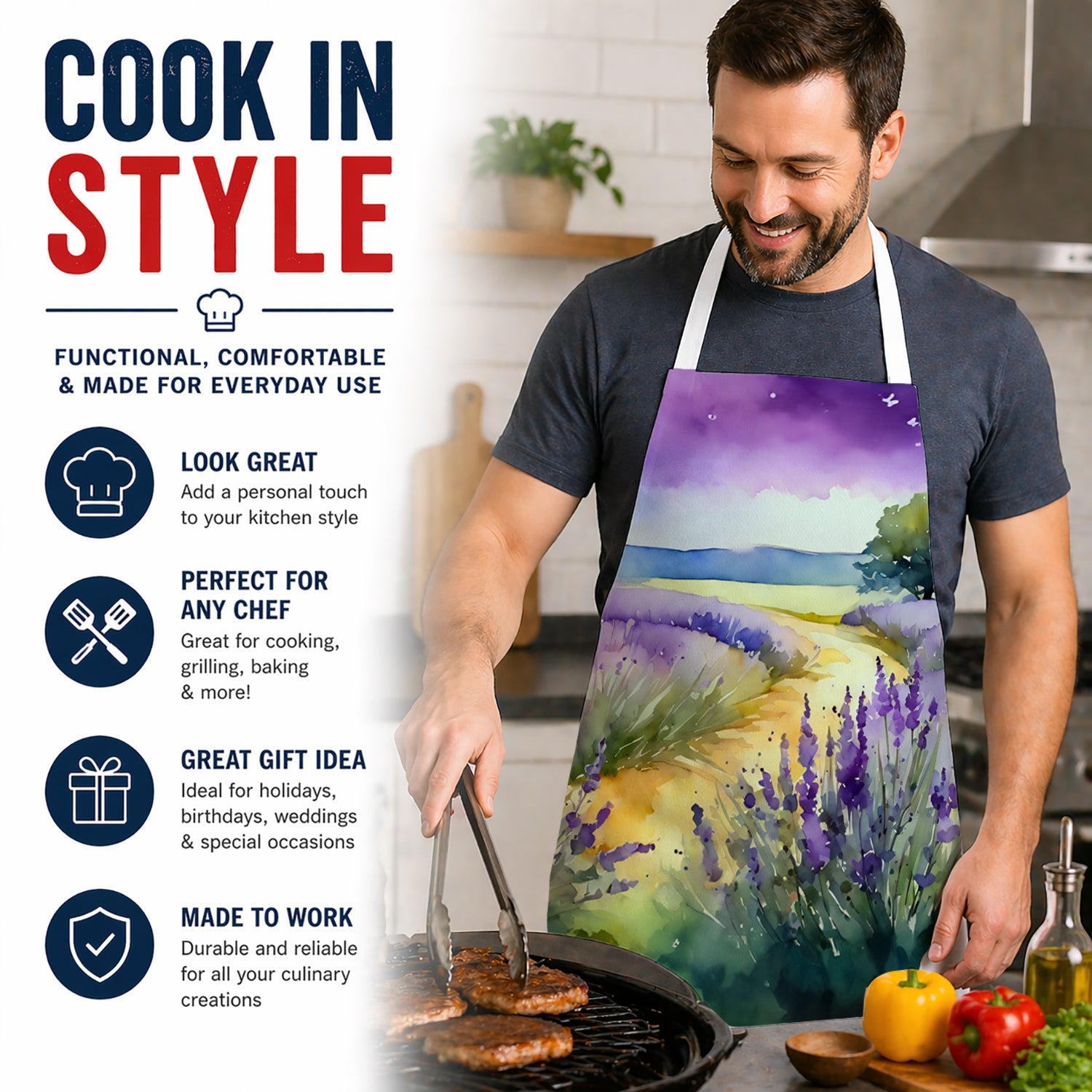 Lavender in Watercolor Apron Cooking Kitchen Server Baking Crafts Gardening for Adult Women Men, Unisex, Large, Multicolor