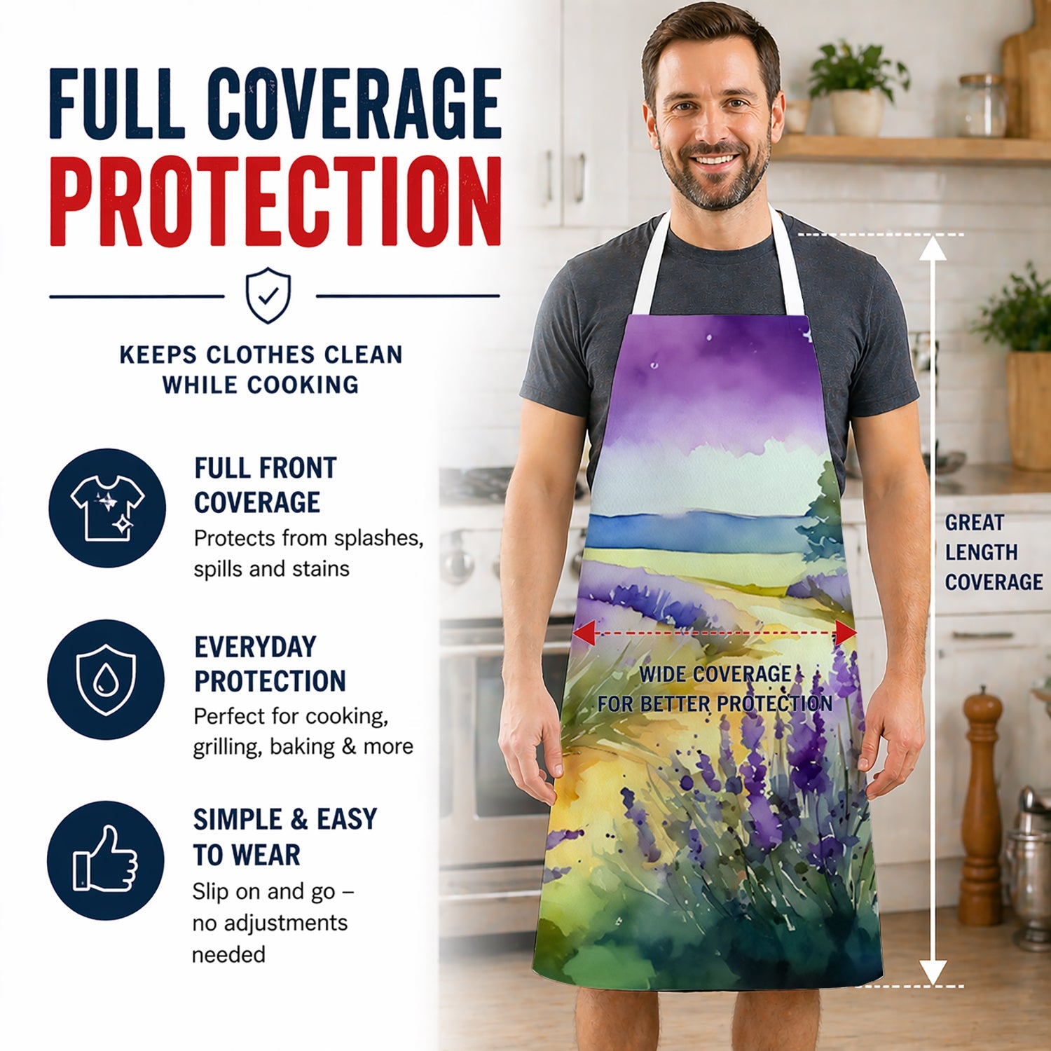 Lavender in Watercolor Apron Cooking Kitchen Server Baking Crafts Gardening for Adult Women Men, Unisex, Large, Multicolor