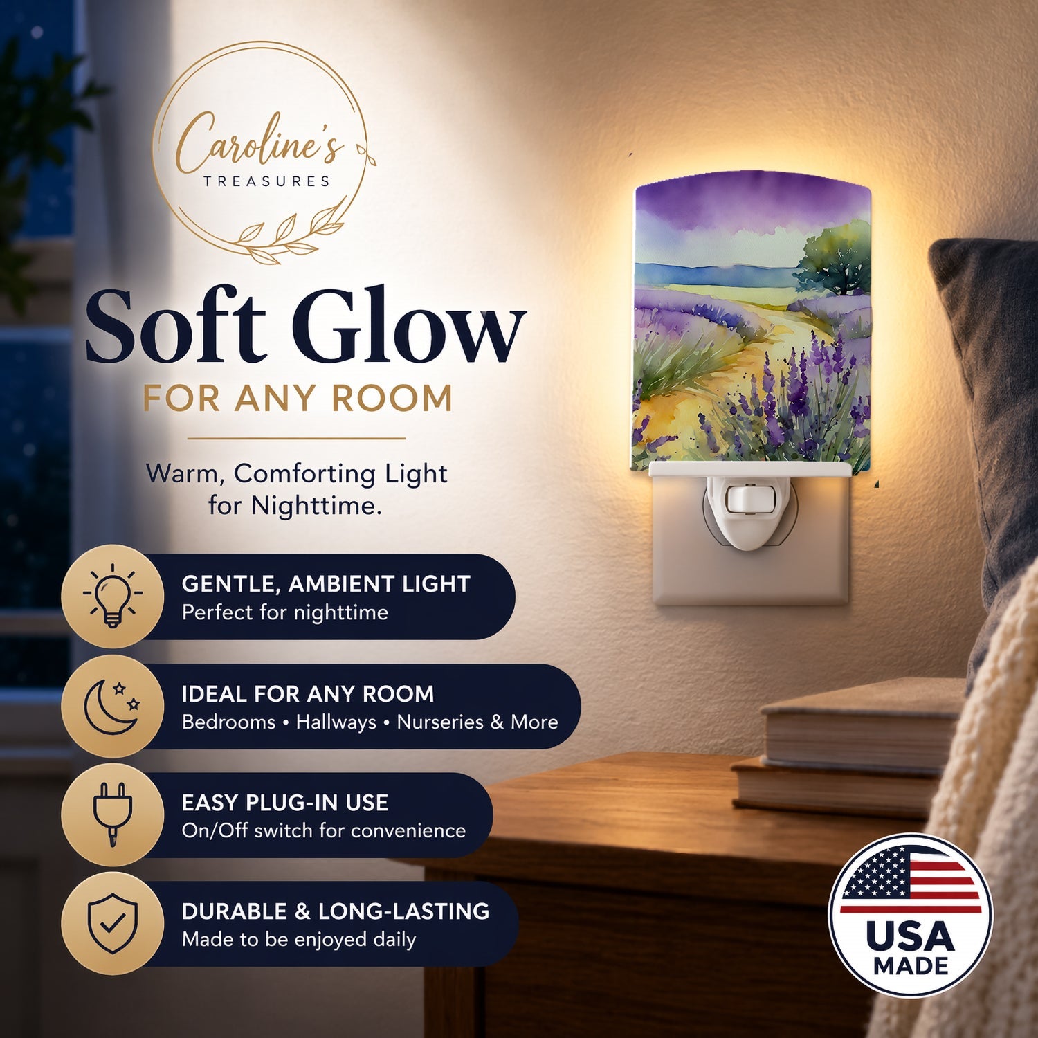 Lavender in Watercolor Ceramic Night Light Compact, UL-Certified, Ideal for Bedroom, Bathroom, Nursery, Hallway, Kitchen, 6x4x3, Multicolor