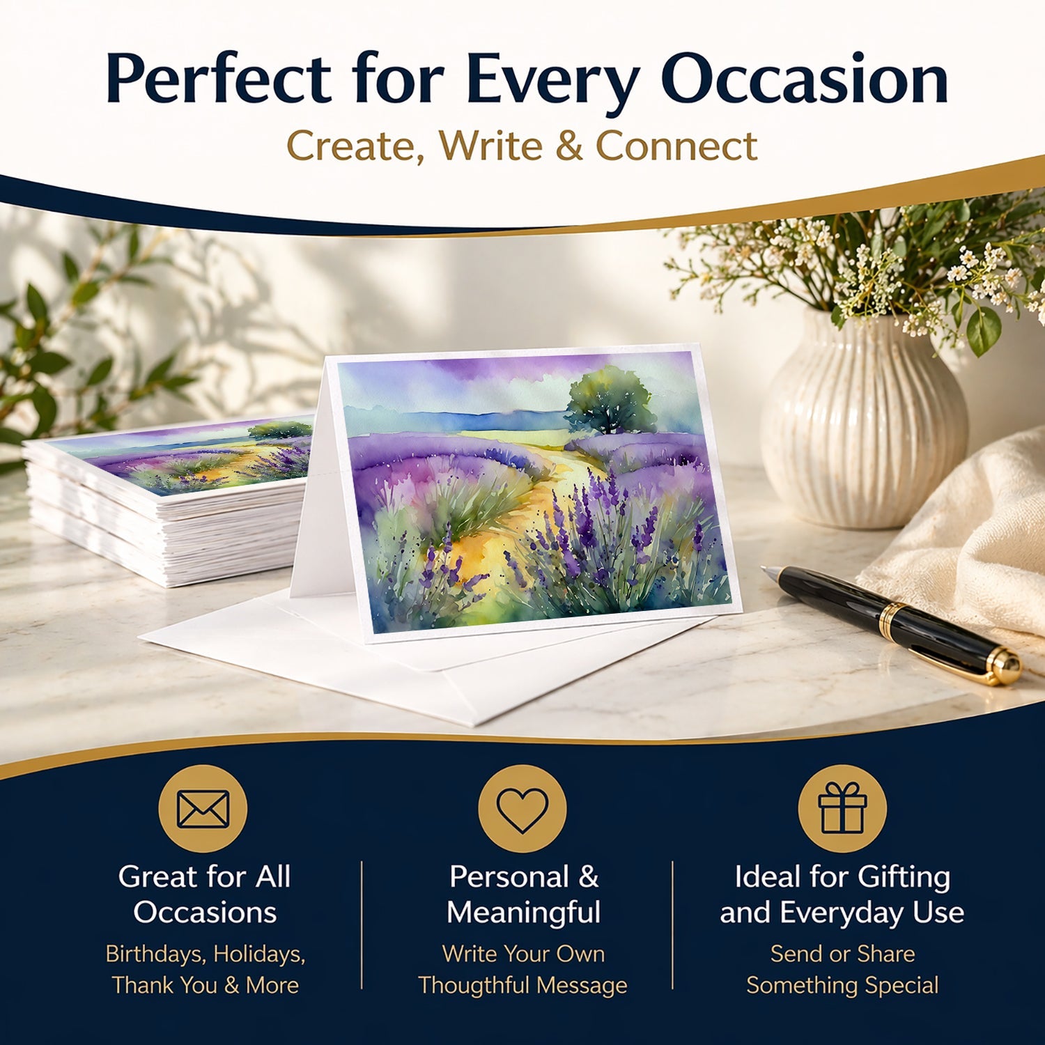 Lavender in Watercolor Greeting Cards Pack of 8 Blank Cards with Envelopes Whimsical A7 Size 5x7