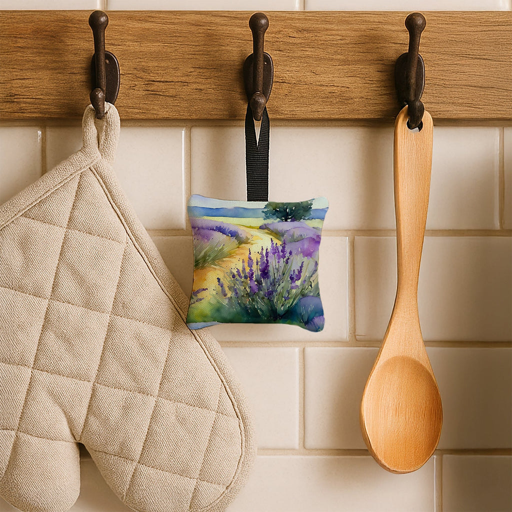 Lavender in Watercolor Hanging Square Fabric Ornament 3.5 × 3.5 Decorative Door-Knob & Tree Hanger, Soft Fabric