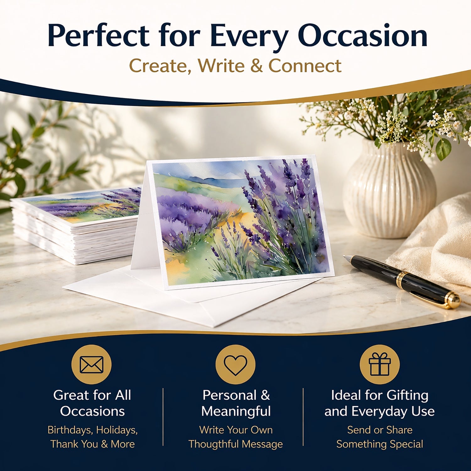 Lavender in Watercolor Greeting Cards Pack of 8 Blank Cards with Envelopes Whimsical A7 Size 5x7