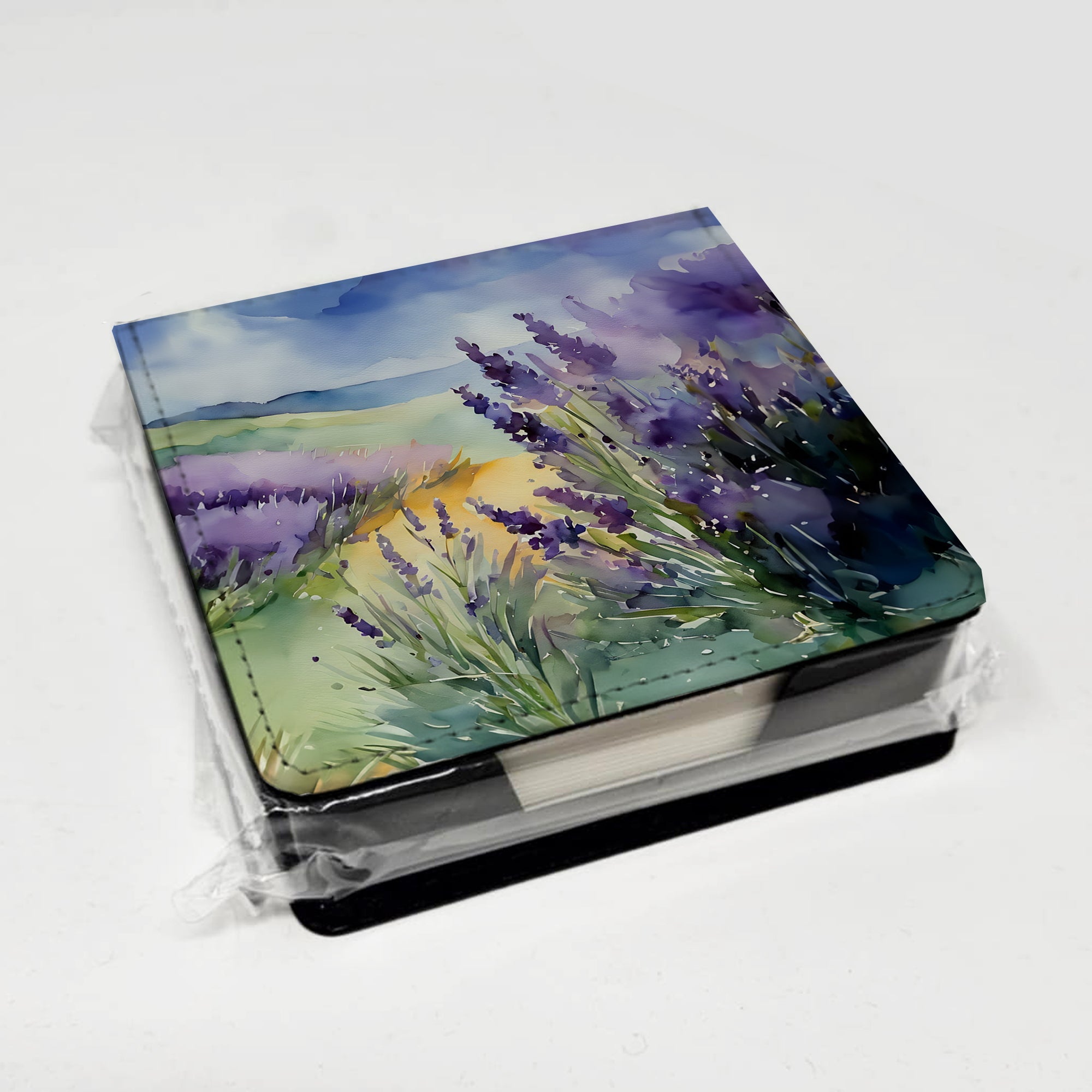 Lavender in Watercolor PU Leather Note Paper Holder with Artist-Designed Cover, Desk Accessory, Office Gift