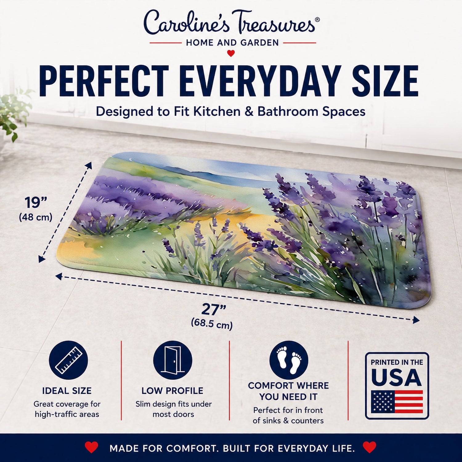 Lavender in Watercolor Memory Foam Kitchen Mat Machine Washable Anti-Fatigue Cushion Comfort Bath or Kitchen Rug