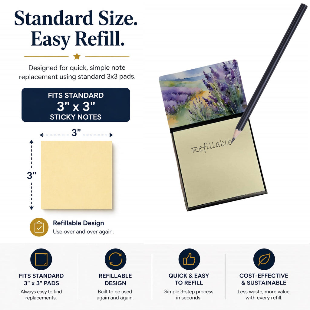 Lavender in Watercolor Watercolor Sticky Note Holder Refillable Dispenser Desk Accessory 3x3 Pad Gift