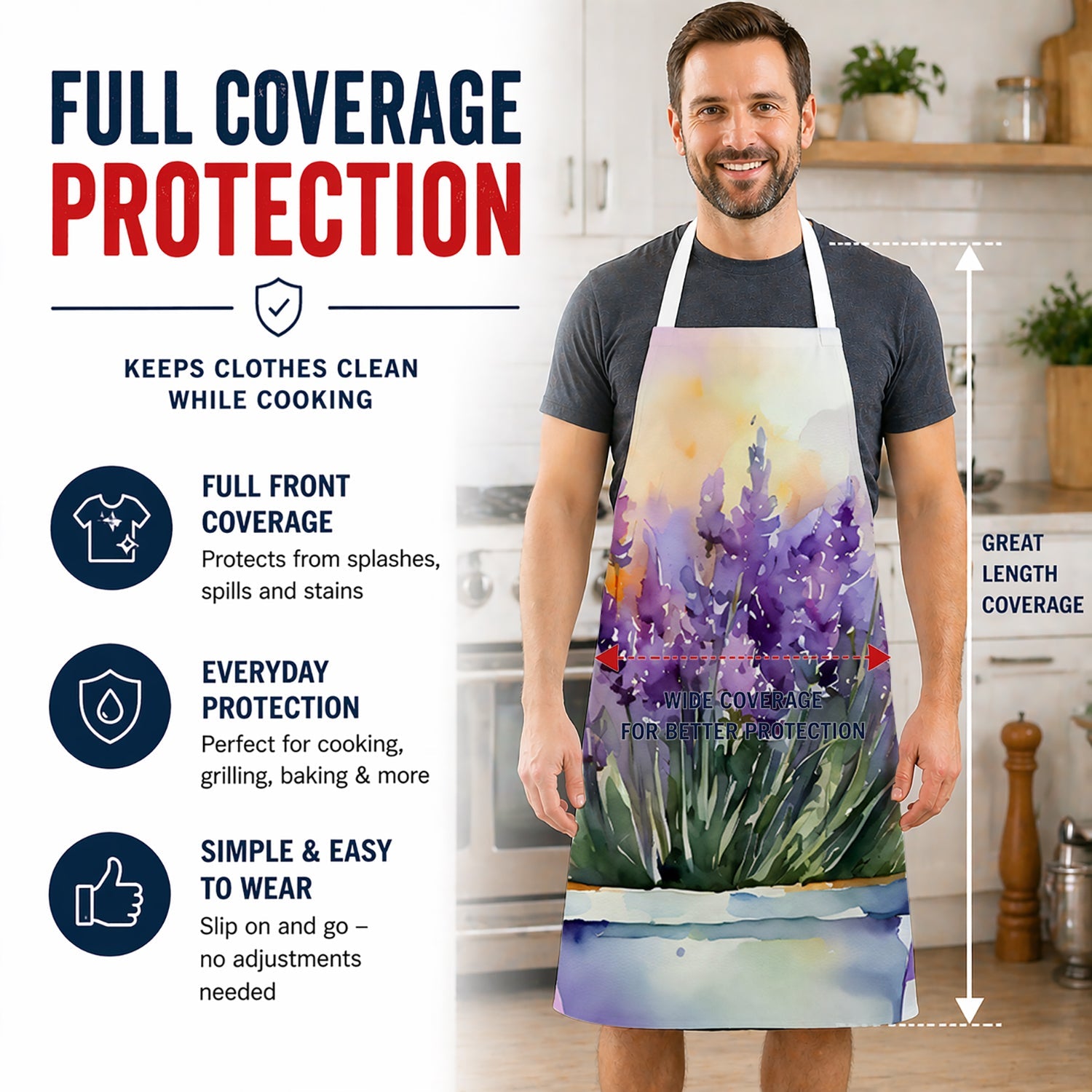 Lavender in Watercolor Apron Cooking Kitchen Server Baking Crafts Gardening for Adult Women Men, Unisex, Large, Multicolor