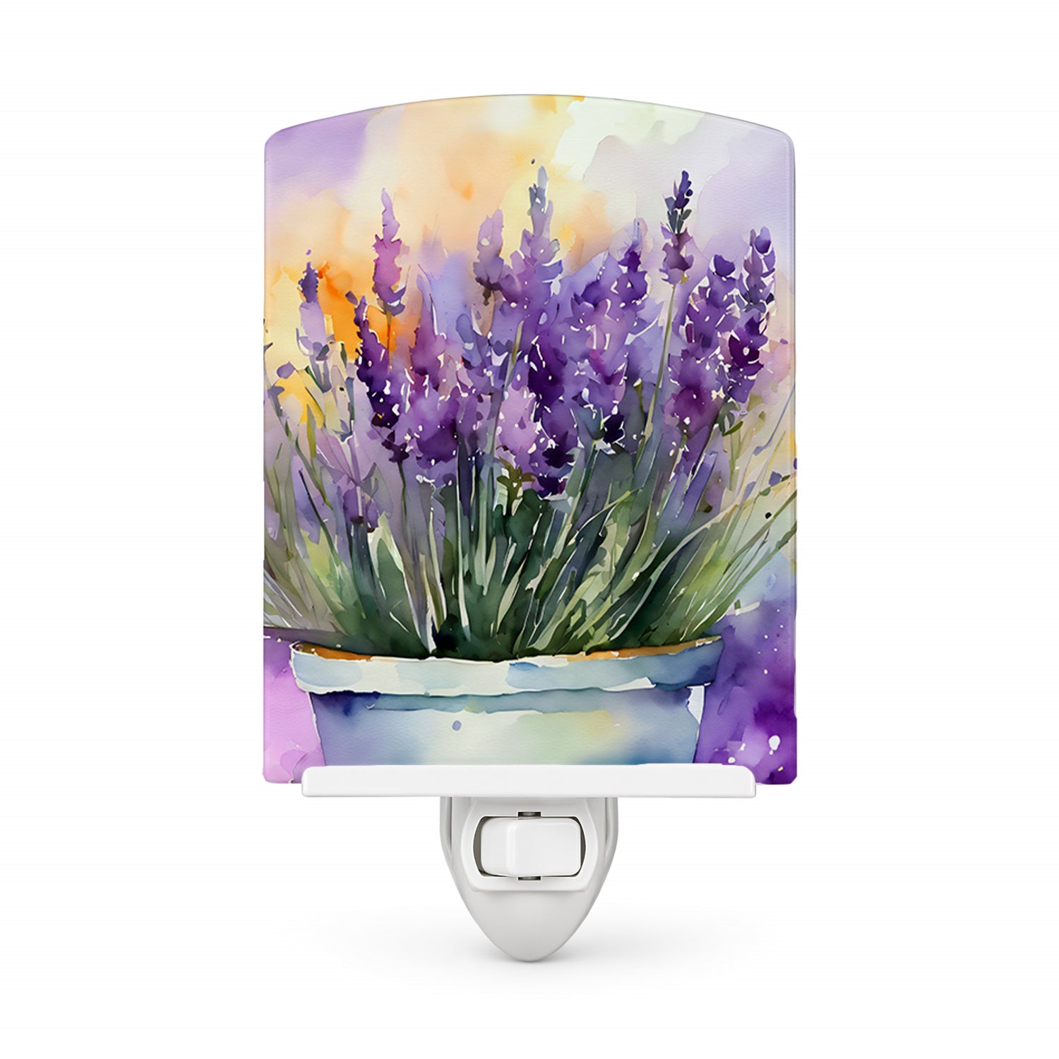 Lavender in Watercolor Ceramic Night Light Compact, UL-Certified, Ideal for Bedroom, Bathroom, Nursery, Hallway, Kitchen, 6x4x3, Multicolor