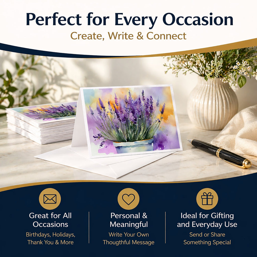 Lavender in Watercolor Greeting Cards Pack of 8 Blank Cards with Envelopes Whimsical A7 Size 5x7