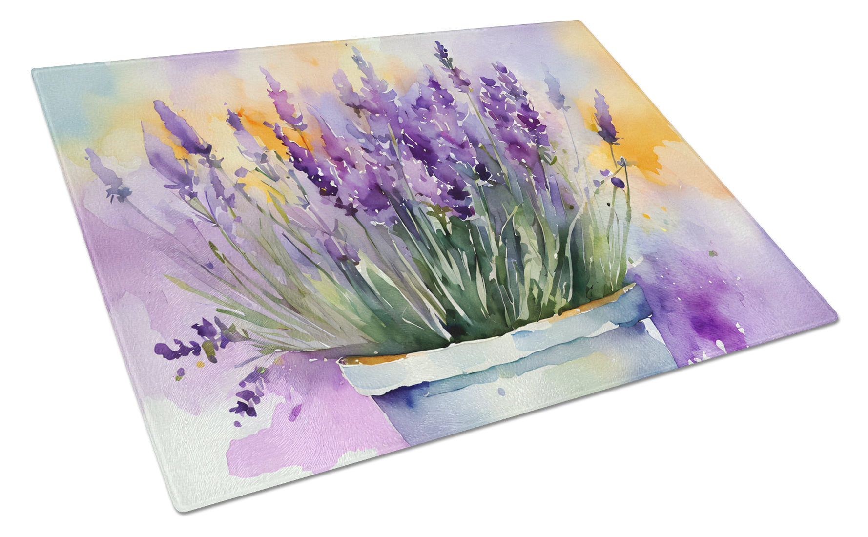 Lavender in Watercolor Cutting Board Tempered Glass Kitchen Cutting Surface, Heat Resistant Chopping, Non-Slip Feet, Food Prep & Serving