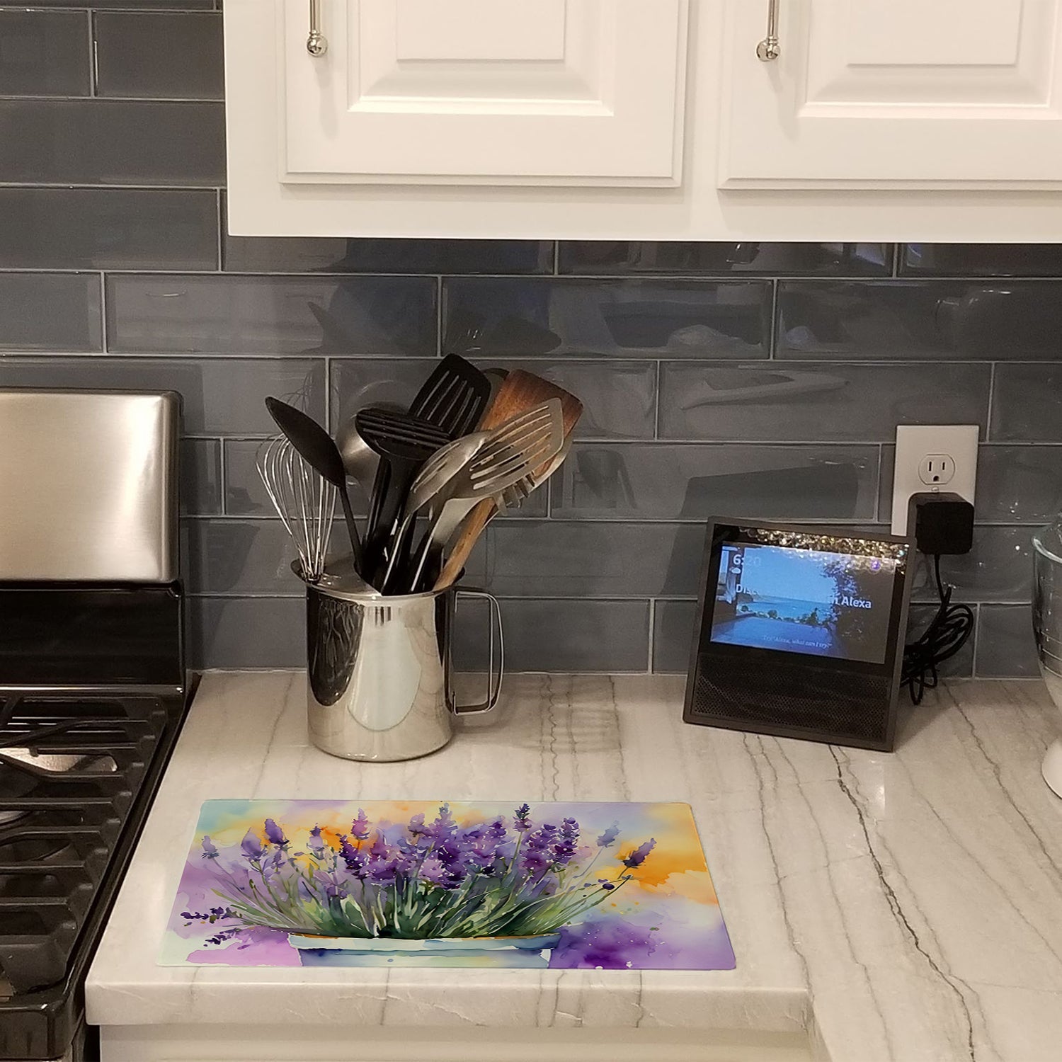 Lavender in Watercolor Cutting Board Tempered Glass Kitchen Cutting Surface, Heat Resistant Chopping, Non-Slip Feet, Food Prep & Serving