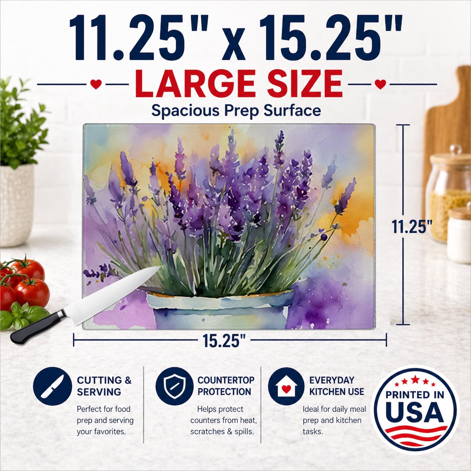 Lavender in Watercolor Cutting Board Tempered Glass Kitchen Cutting Surface, Heat Resistant Chopping, Non-Slip Feet, Food Prep & Serving