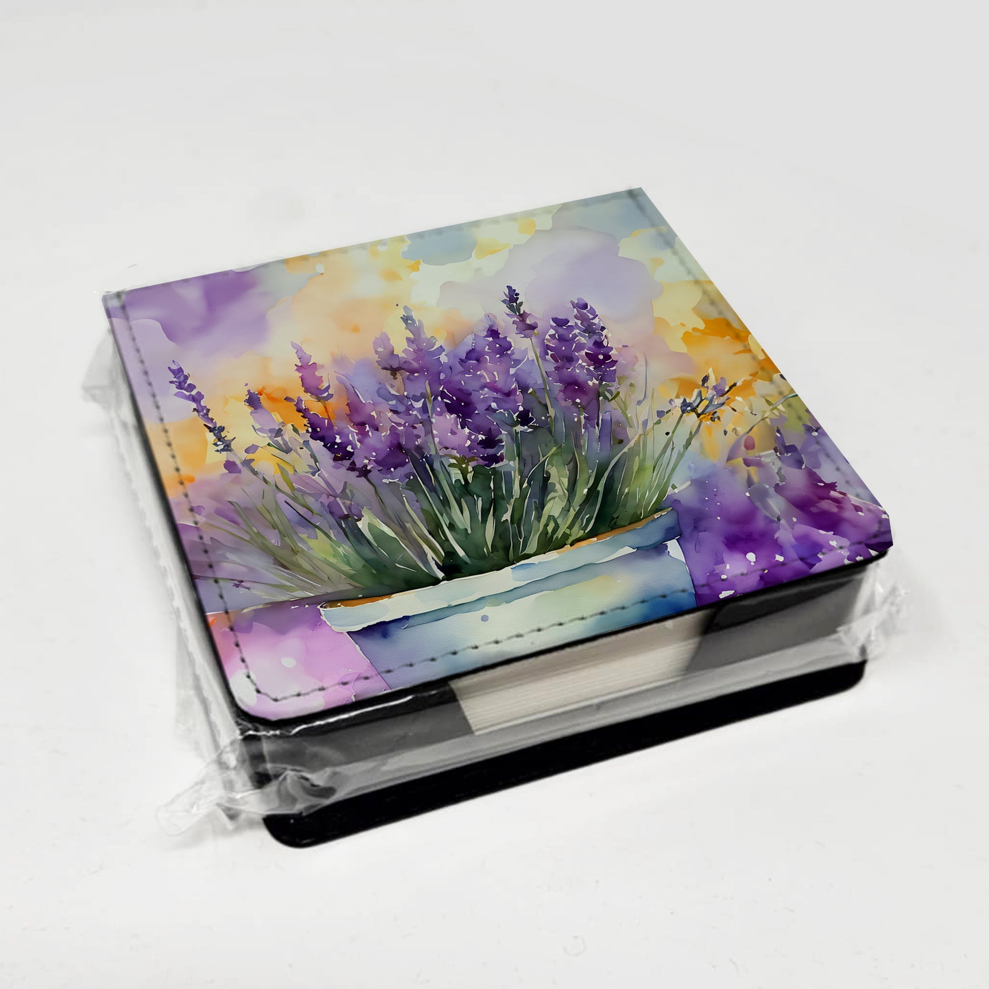 Lavender in Watercolor PU Leather Note Paper Holder with Artist-Designed Cover, Desk Accessory, Office Gift
