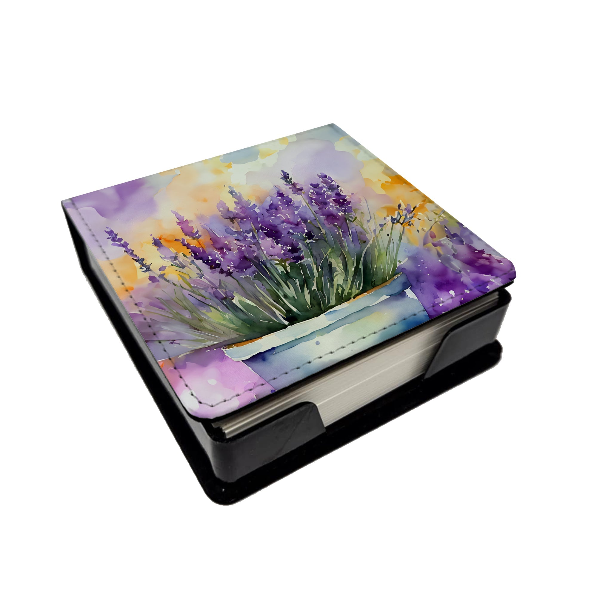 Lavender in Watercolor PU Leather Note Paper Holder with Artist-Designed Cover, Desk Accessory, Office Gift