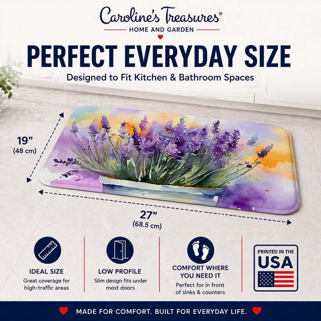 Lavender in Watercolor Memory Foam Kitchen Mat Machine Washable Anti-Fatigue Cushion Comfort Bath or Kitchen Rug