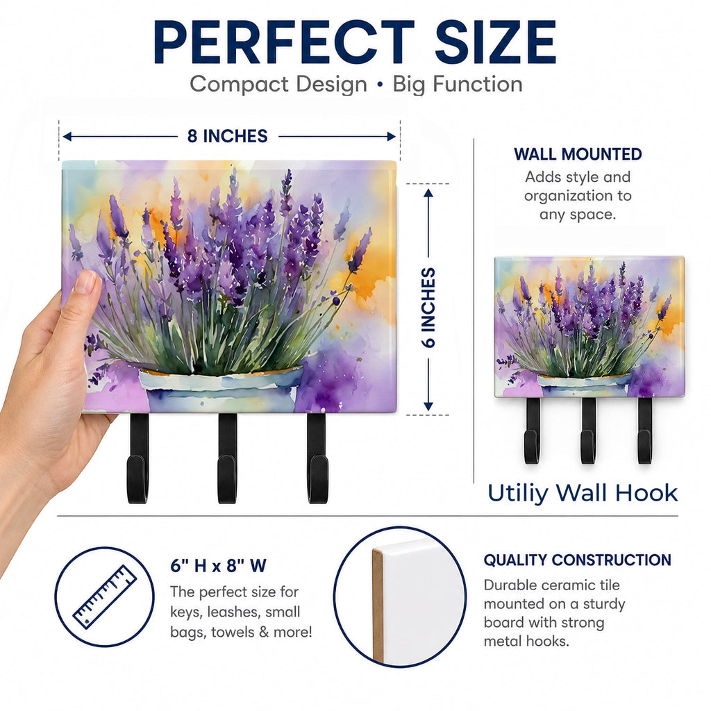 Lavender in Watercolor Leash or Key Holder Wall Hooks, Coat Rack Wall Mount, for Hanging Keys, Towels, Aprons, Leashes