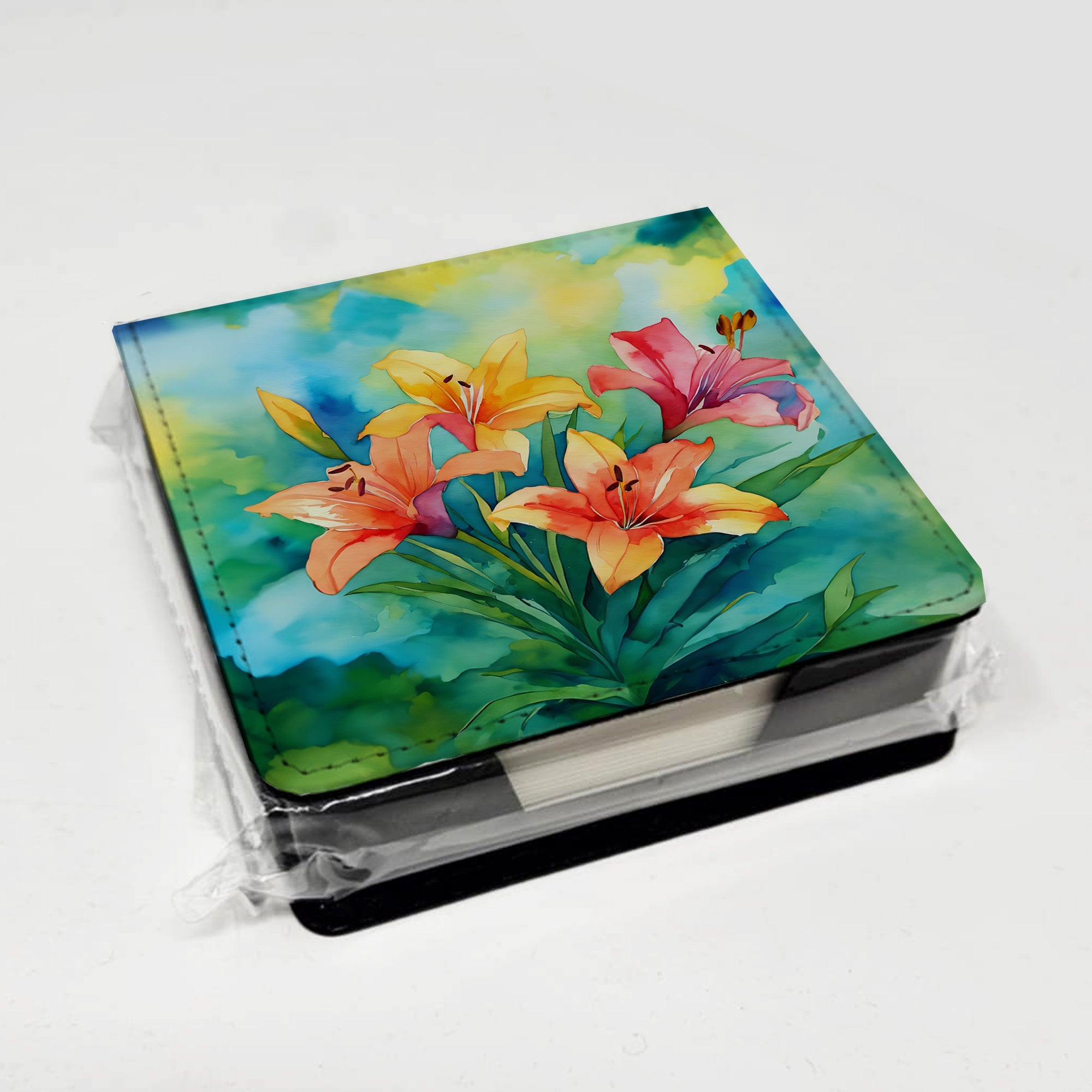 Lilies in Watercolor PU Leather Note Paper Holder with Artist-Designed Cover, Desk Accessory, Office Gift