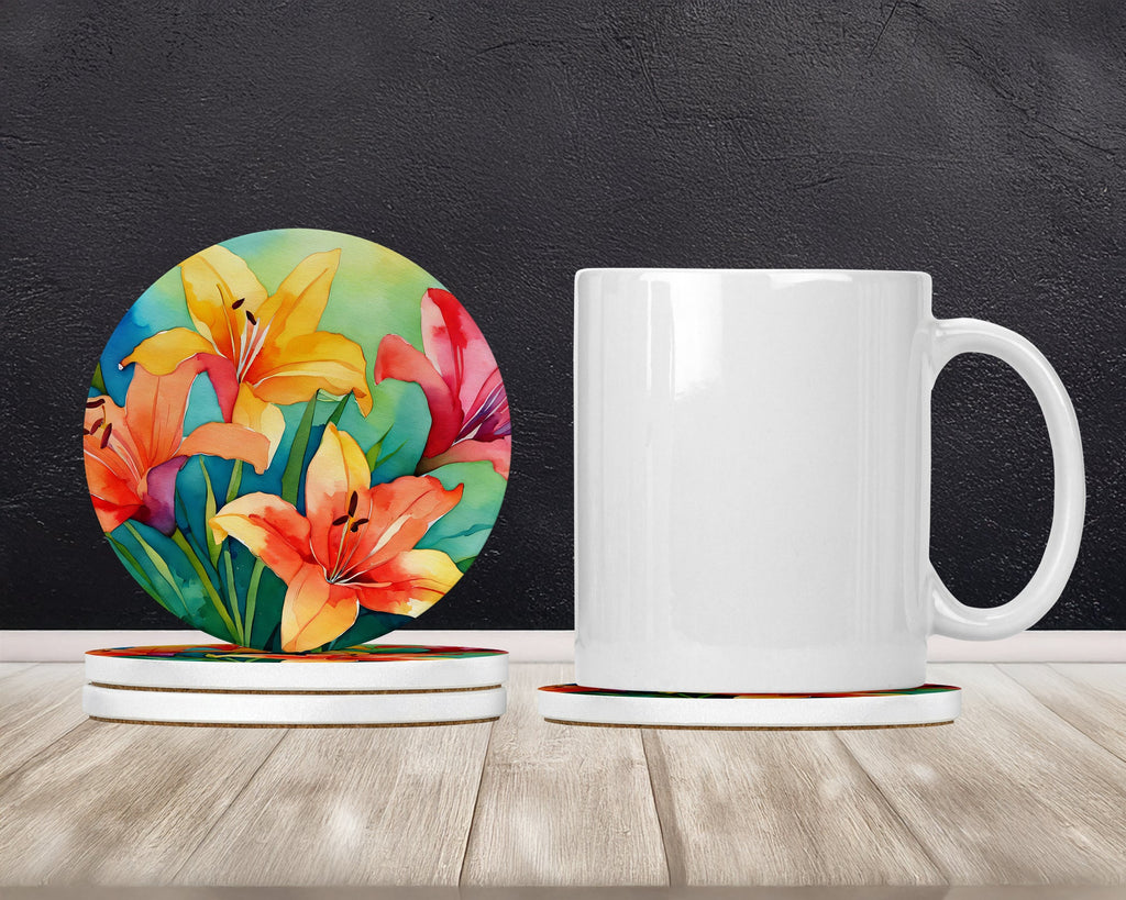 Lilies in Watercolor Large Sandstone Coasters Pack of 4 Absorbent Round Coasters Decor Gifts for Men or Women, 4 in, Multicolor