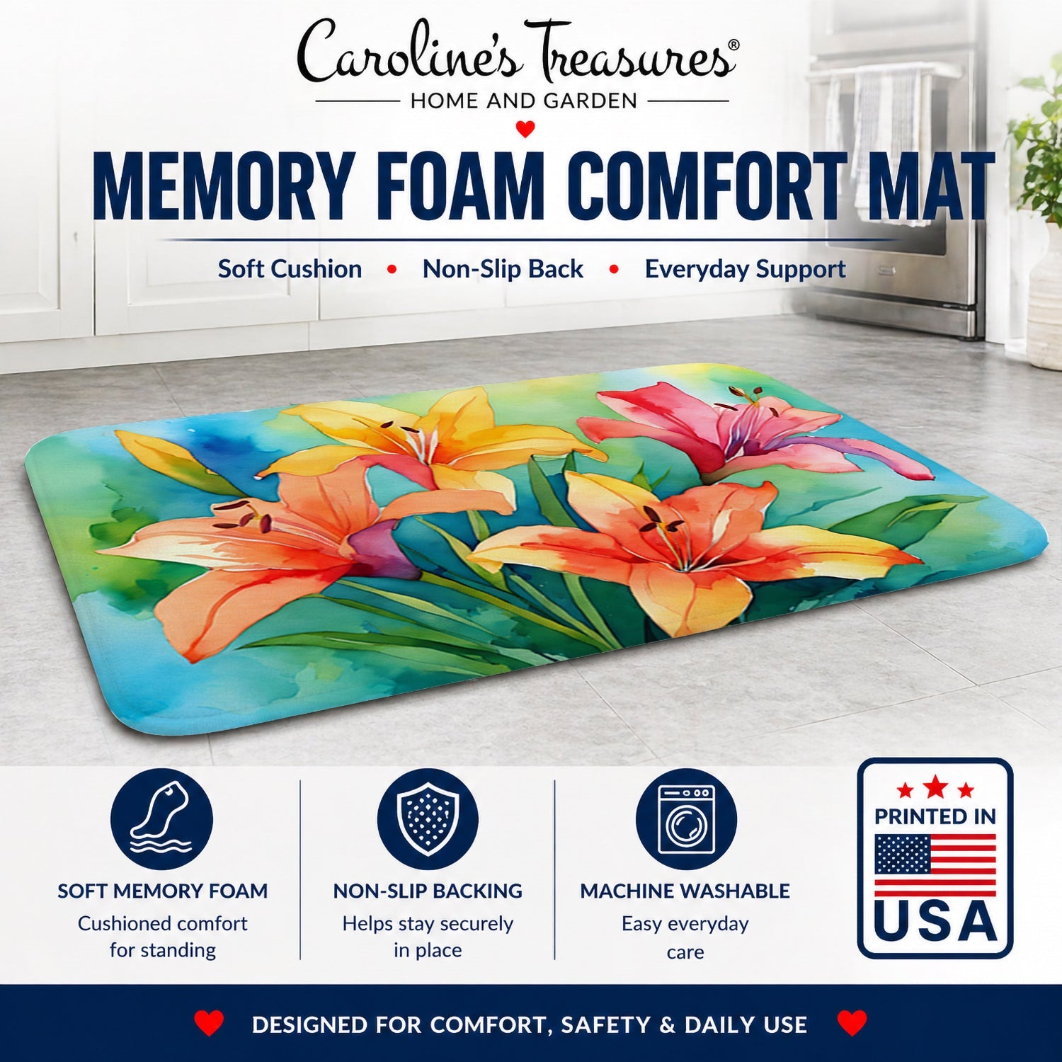 Lilies in Watercolor Memory Foam Kitchen Mat Machine Washable Anti-Fatigue Cushion Comfort Bath or Kitchen Rug