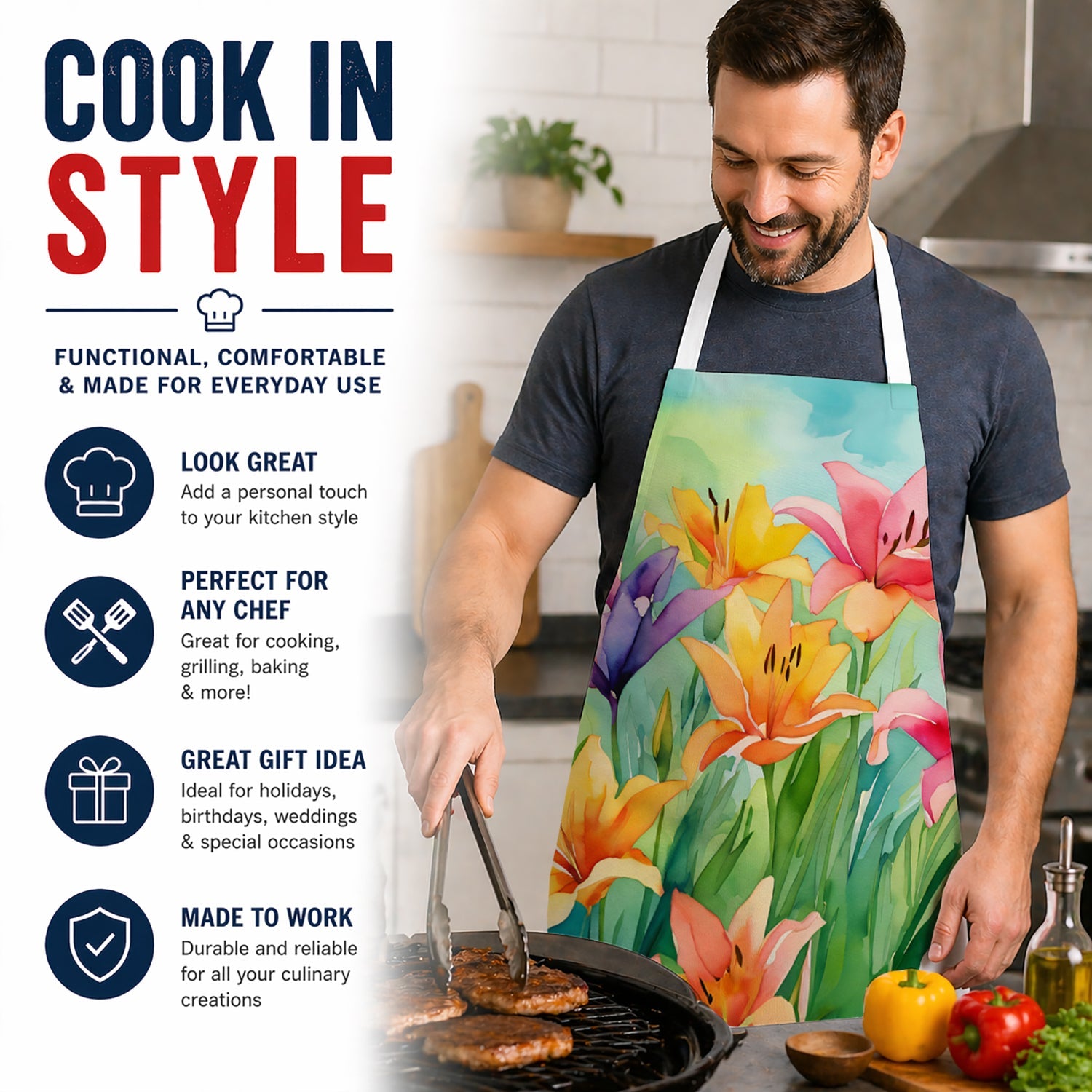 Lilies in Watercolor Apron Cooking Kitchen Server Baking Crafts Gardening for Adult Women Men, Unisex, Large, Multicolor