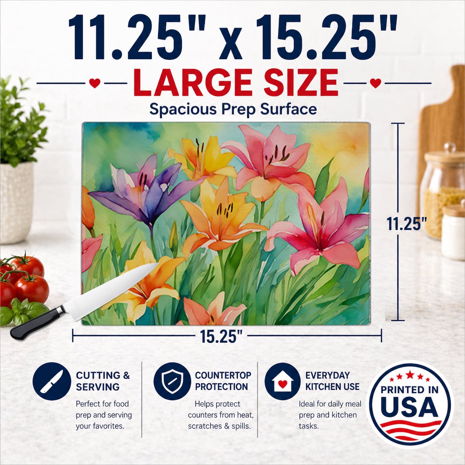 Lilies in Watercolor Cutting Board Tempered Glass Kitchen Cutting Surface, Heat Resistant Chopping, Non-Slip Feet, Food Prep & Serving