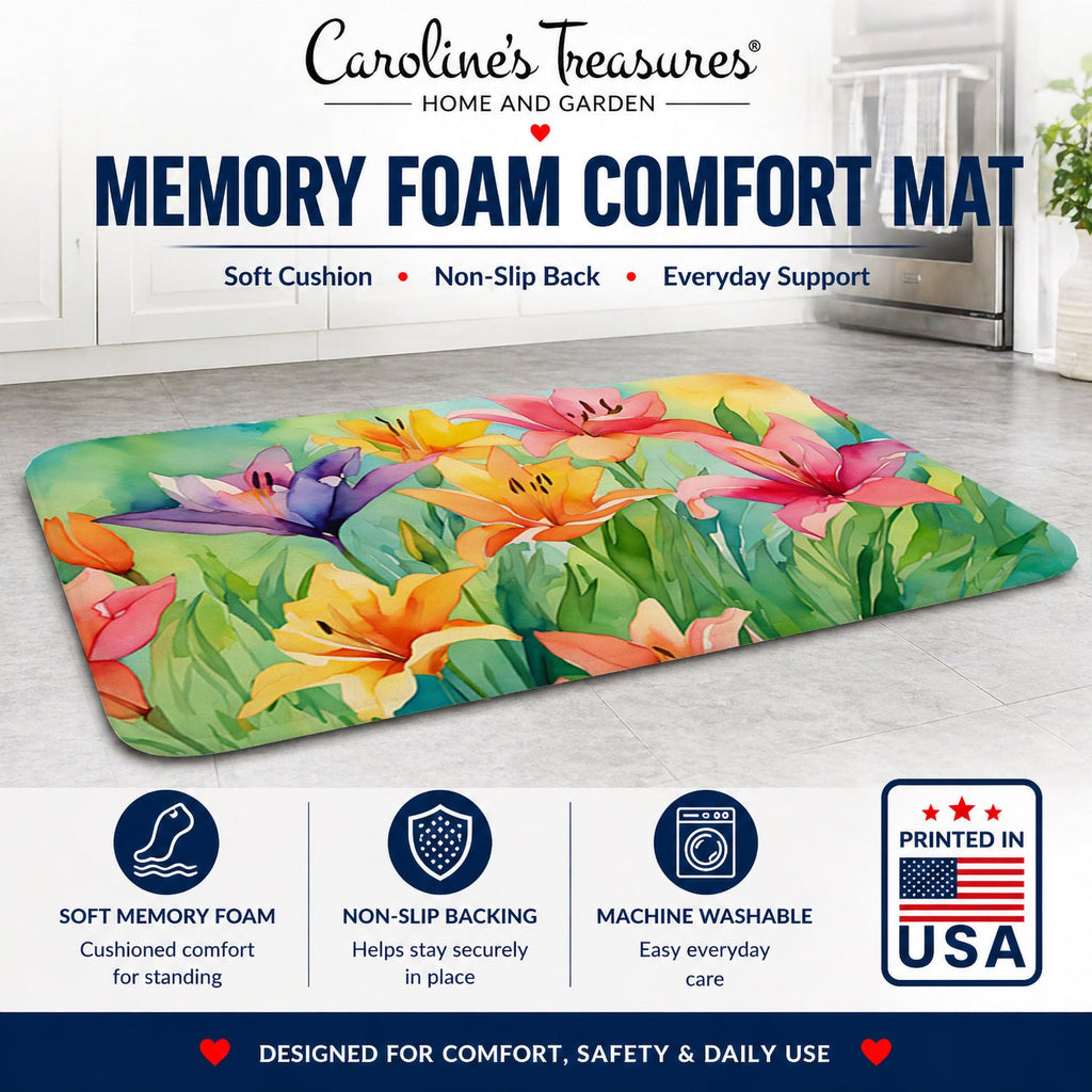 Lilies in Watercolor Memory Foam Kitchen Mat Machine Washable Anti-Fatigue Cushion Comfort Bath or Kitchen Rug