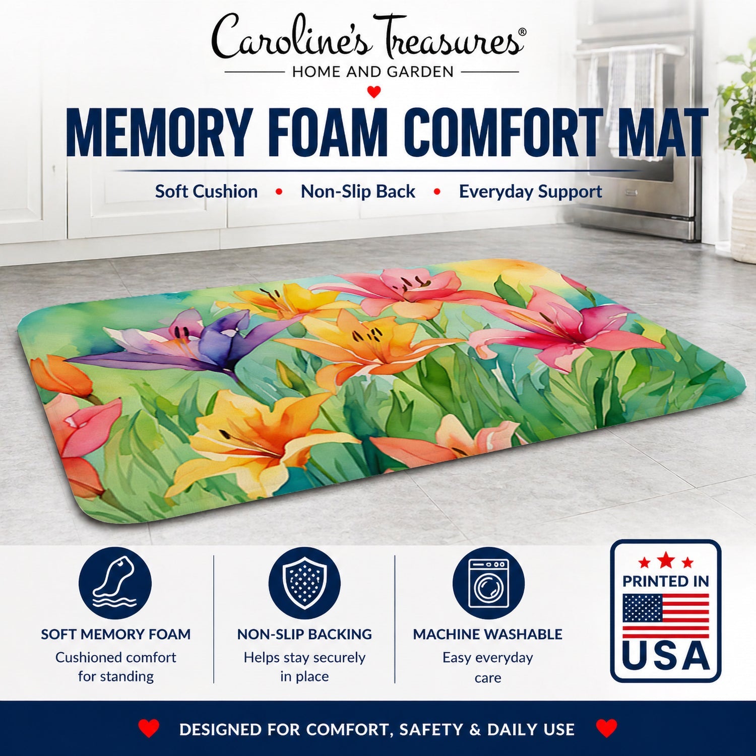 Lilies in Watercolor Memory Foam Kitchen Mat Machine Washable Anti-Fatigue Cushion Comfort Bath or Kitchen Rug