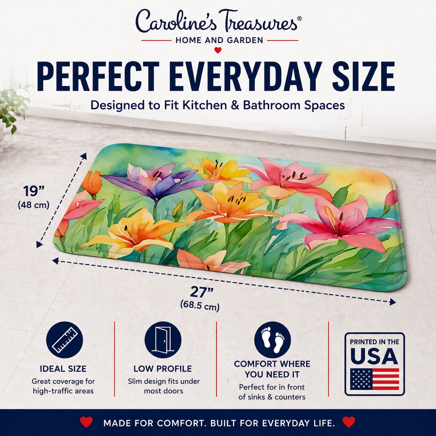 Lilies in Watercolor Memory Foam Kitchen Mat Machine Washable Anti-Fatigue Cushion Comfort Bath or Kitchen Rug