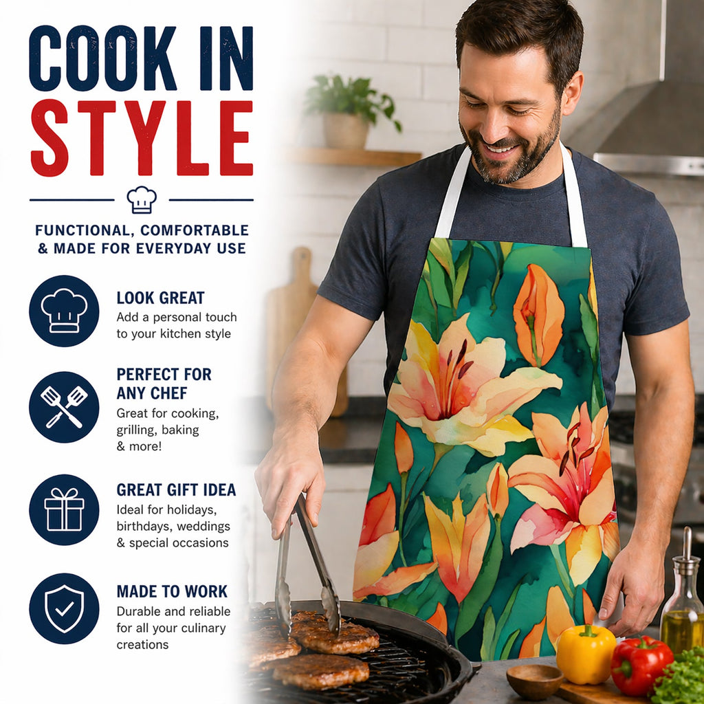Lilies in Watercolor Apron Cooking Kitchen Server Baking Crafts Gardening for Adult Women Men, Unisex, Large, Multicolor
