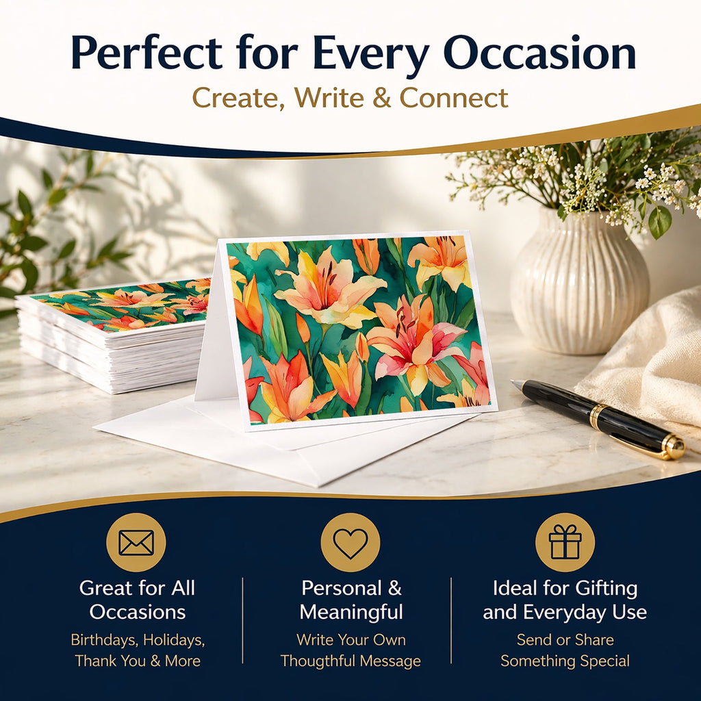 Lilies in Watercolor Greeting Cards Pack of 8 Blank Cards with Envelopes Whimsical A7 Size 5x7