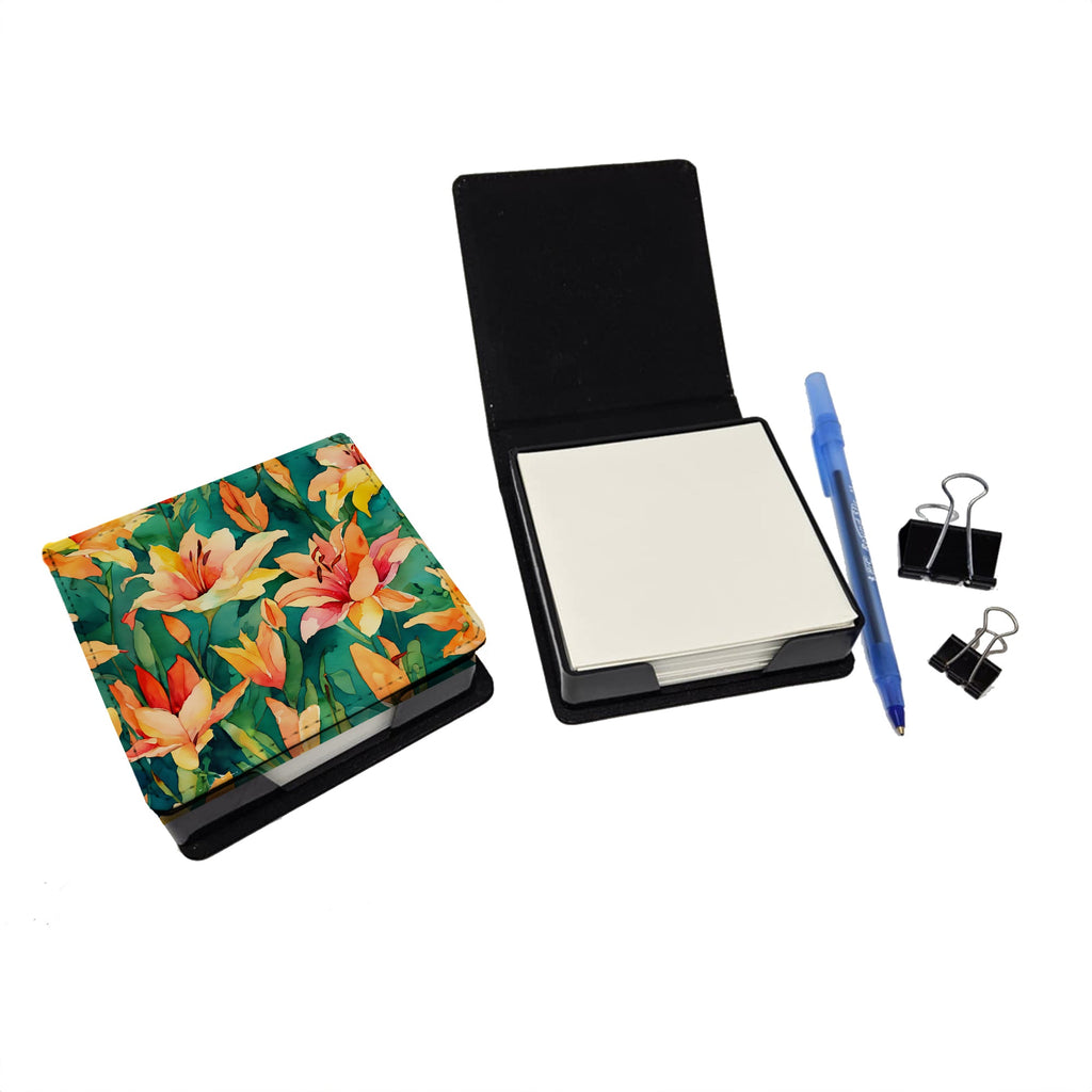 Lilies in Watercolor PU Leather Note Paper Holder with Artist-Designed Cover, Desk Accessory, Office Gift