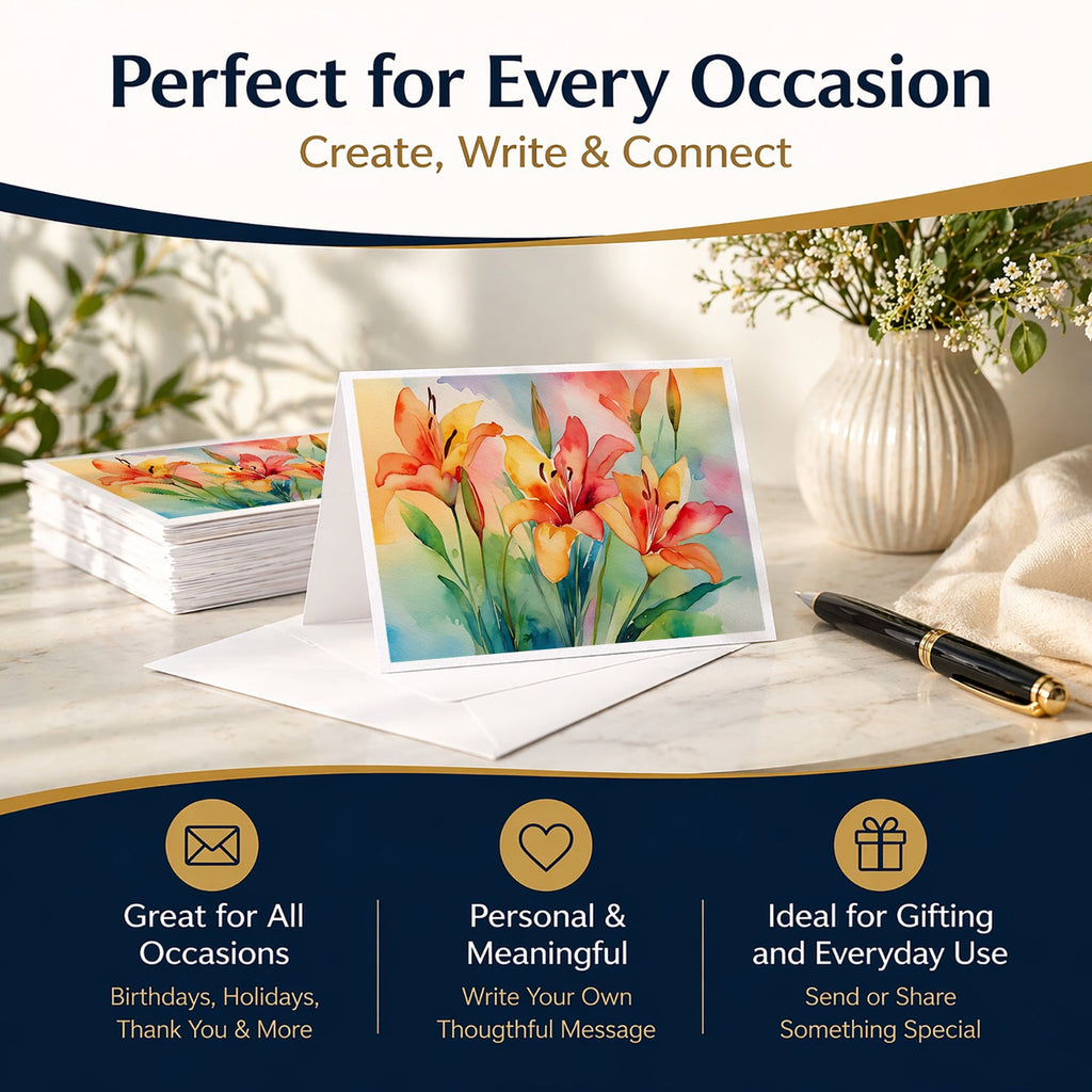 Lilies in Watercolor Greeting Cards Pack of 8 Blank Cards with Envelopes Whimsical A7 Size 5x7