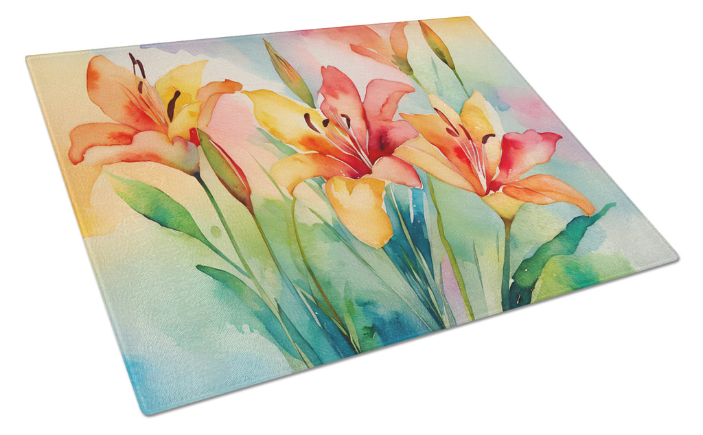 Lilies in Watercolor Cutting Board Tempered Glass Kitchen Cutting Surface, Heat Resistant Chopping, Non-Slip Feet, Food Prep & Serving