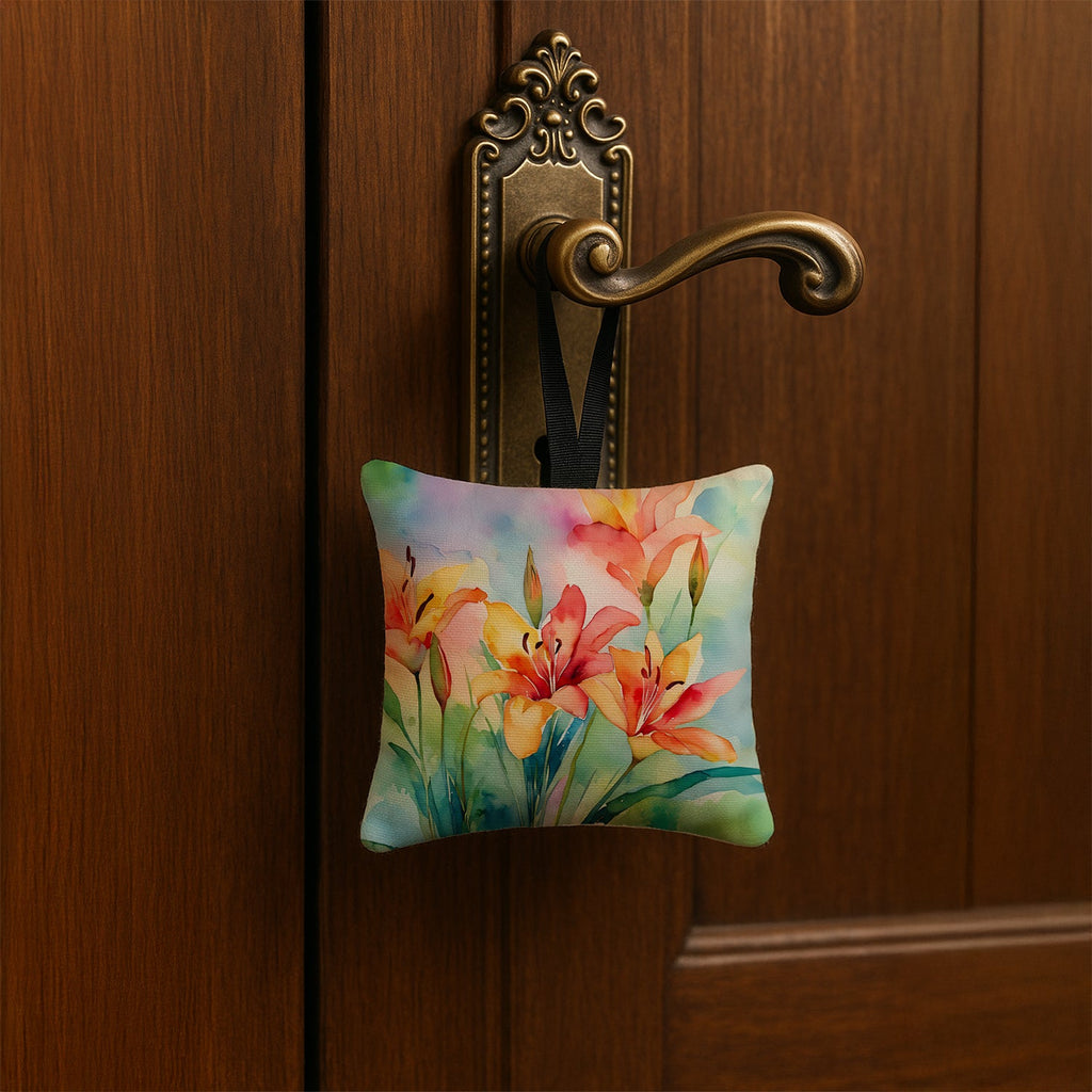 Lilies in Watercolor Hanging Square Fabric Ornament 3.5 × 3.5 Decorative Door-Knob & Tree Hanger, Soft Fabric