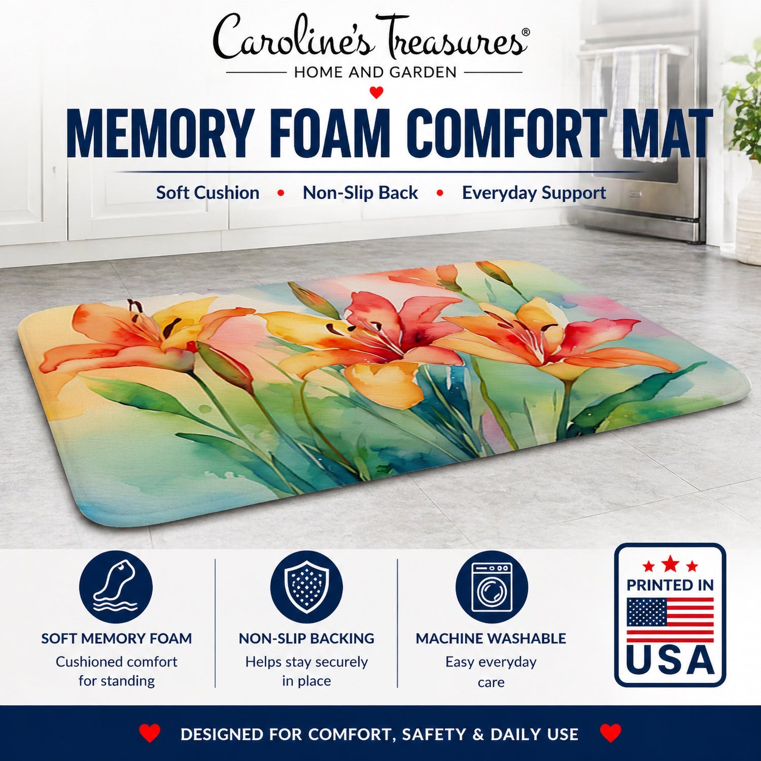 Lilies in Watercolor Memory Foam Kitchen Mat Machine Washable Anti-Fatigue Cushion Comfort Bath or Kitchen Rug