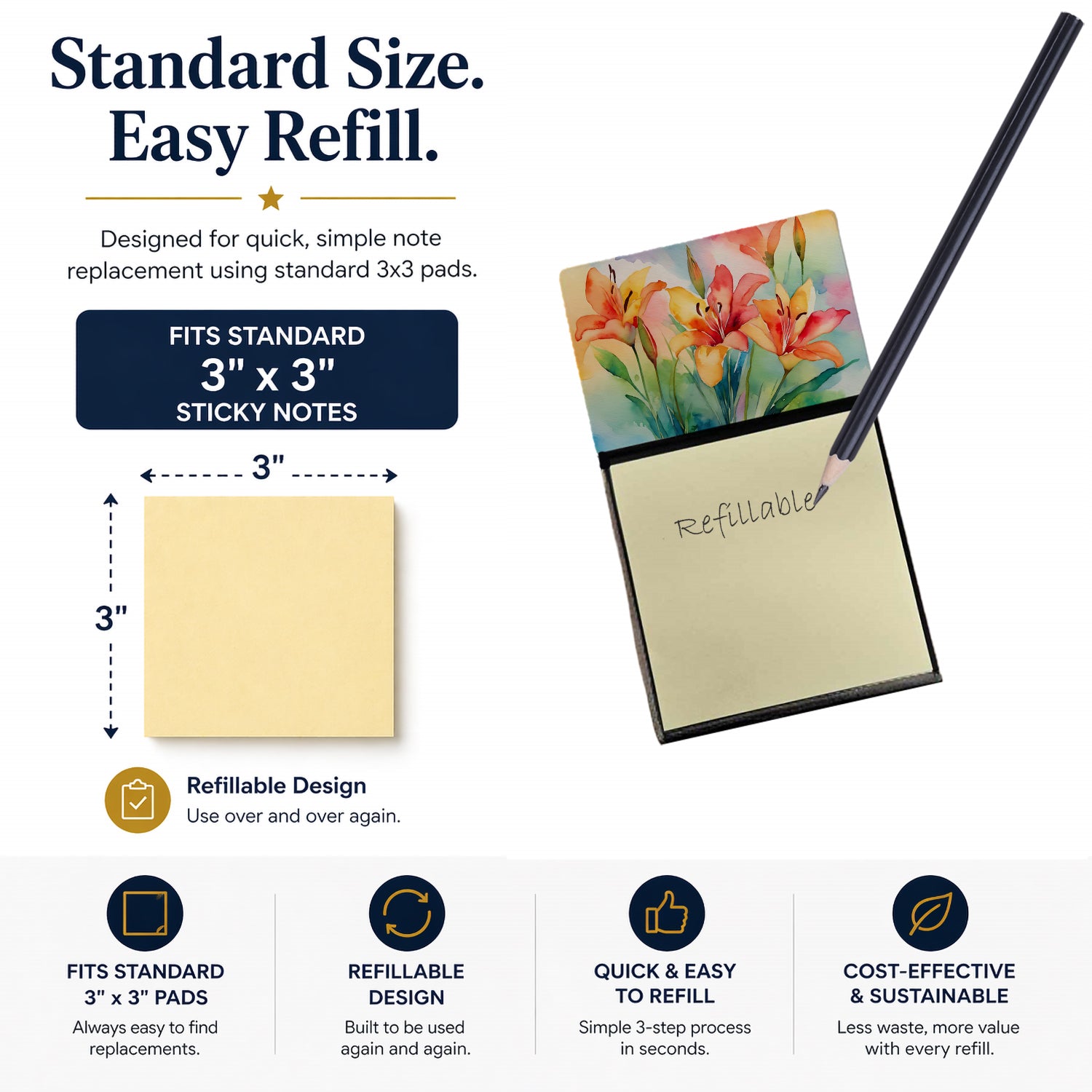 Lilies in Watercolor Watercolor Sticky Note Holder Refillable Dispenser Desk Accessory 3x3 Pad Gift