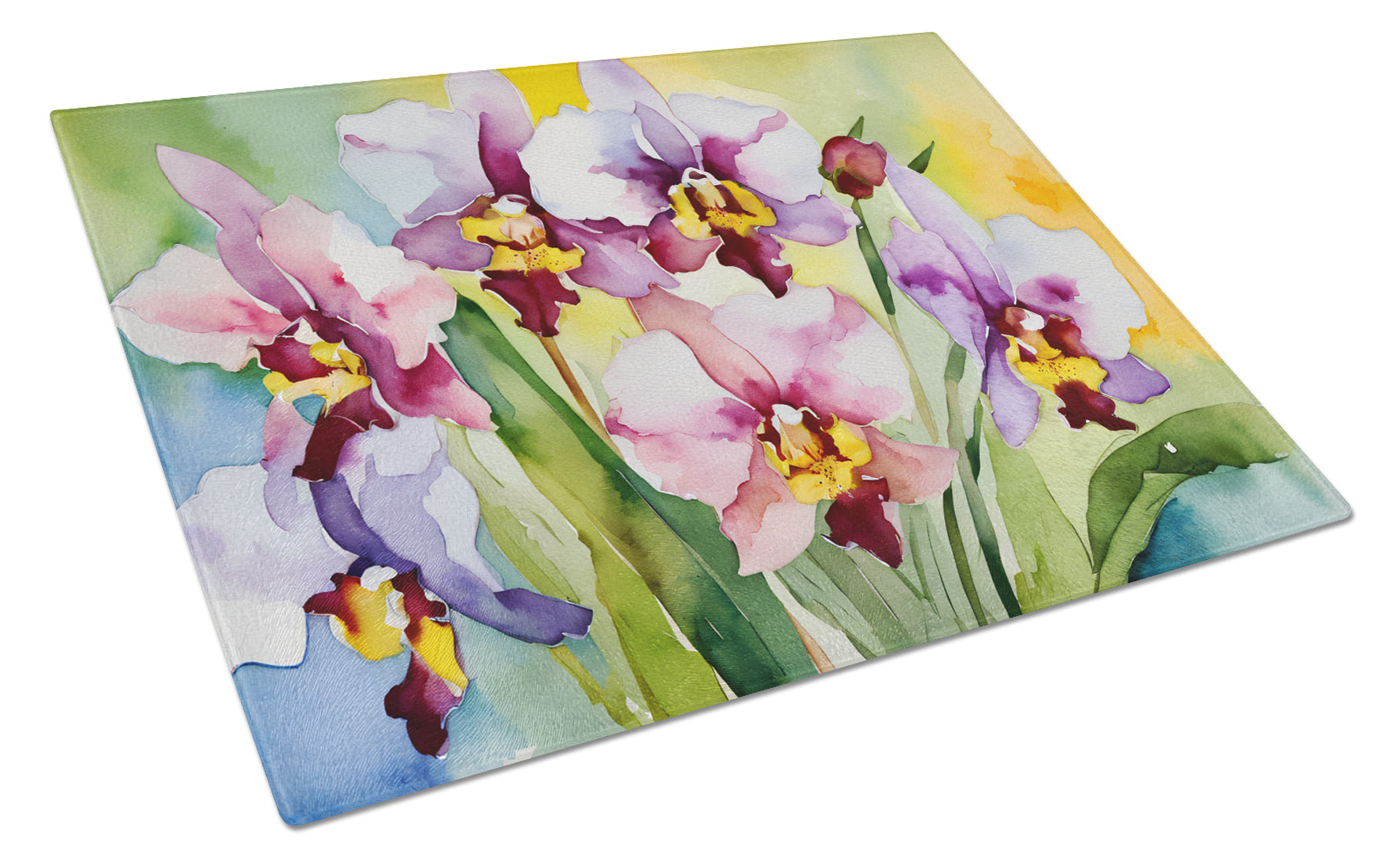 Orchids in Watercolor Cutting Board Tempered Glass Kitchen Cutting Surface, Heat Resistant Chopping, Non-Slip Feet, Food Prep & Serving