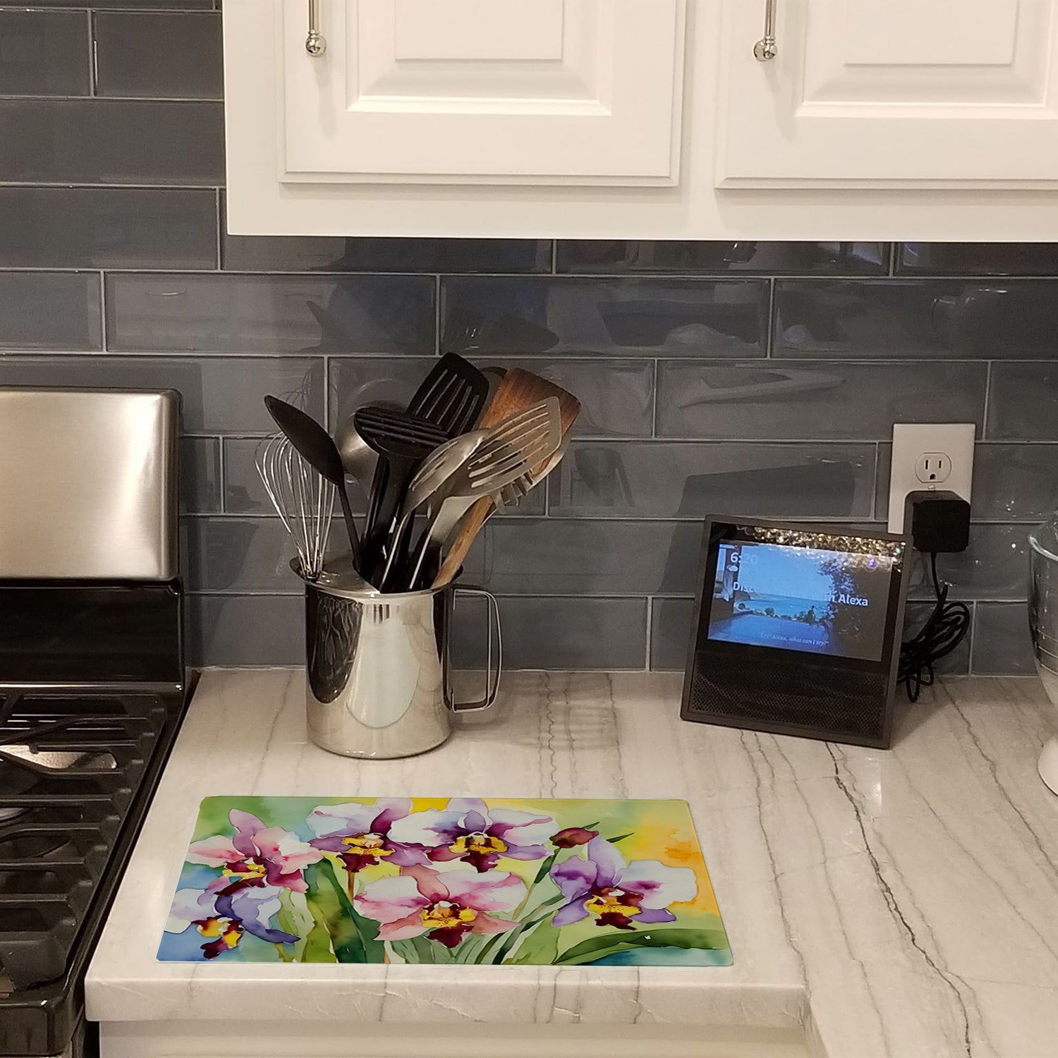 Orchids in Watercolor Cutting Board Tempered Glass Kitchen Cutting Surface, Heat Resistant Chopping, Non-Slip Feet, Food Prep & Serving