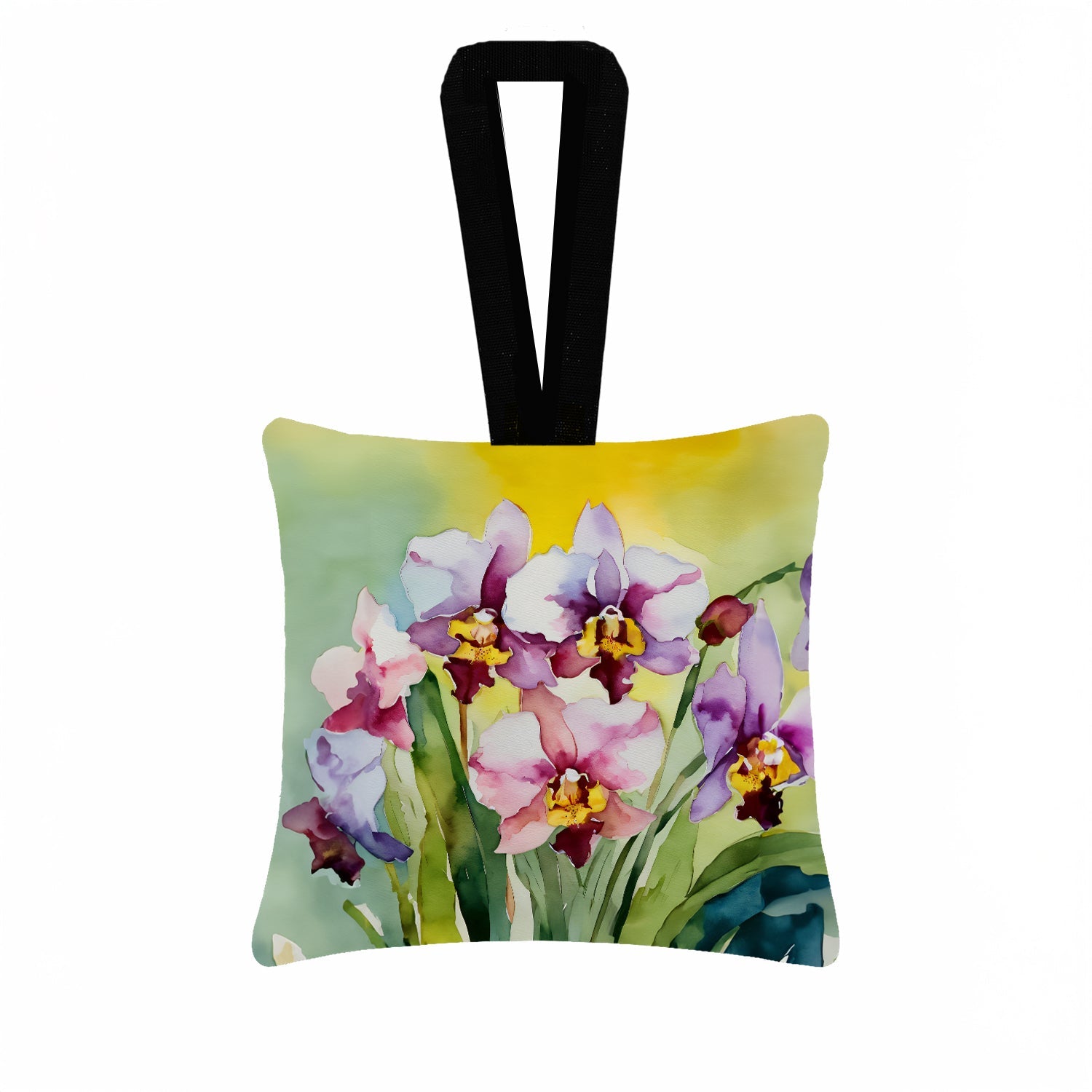 Orchids in Watercolor Hanging Square Fabric Ornament 3.5 × 3.5 Decorative Door-Knob & Tree Hanger, Soft Fabric