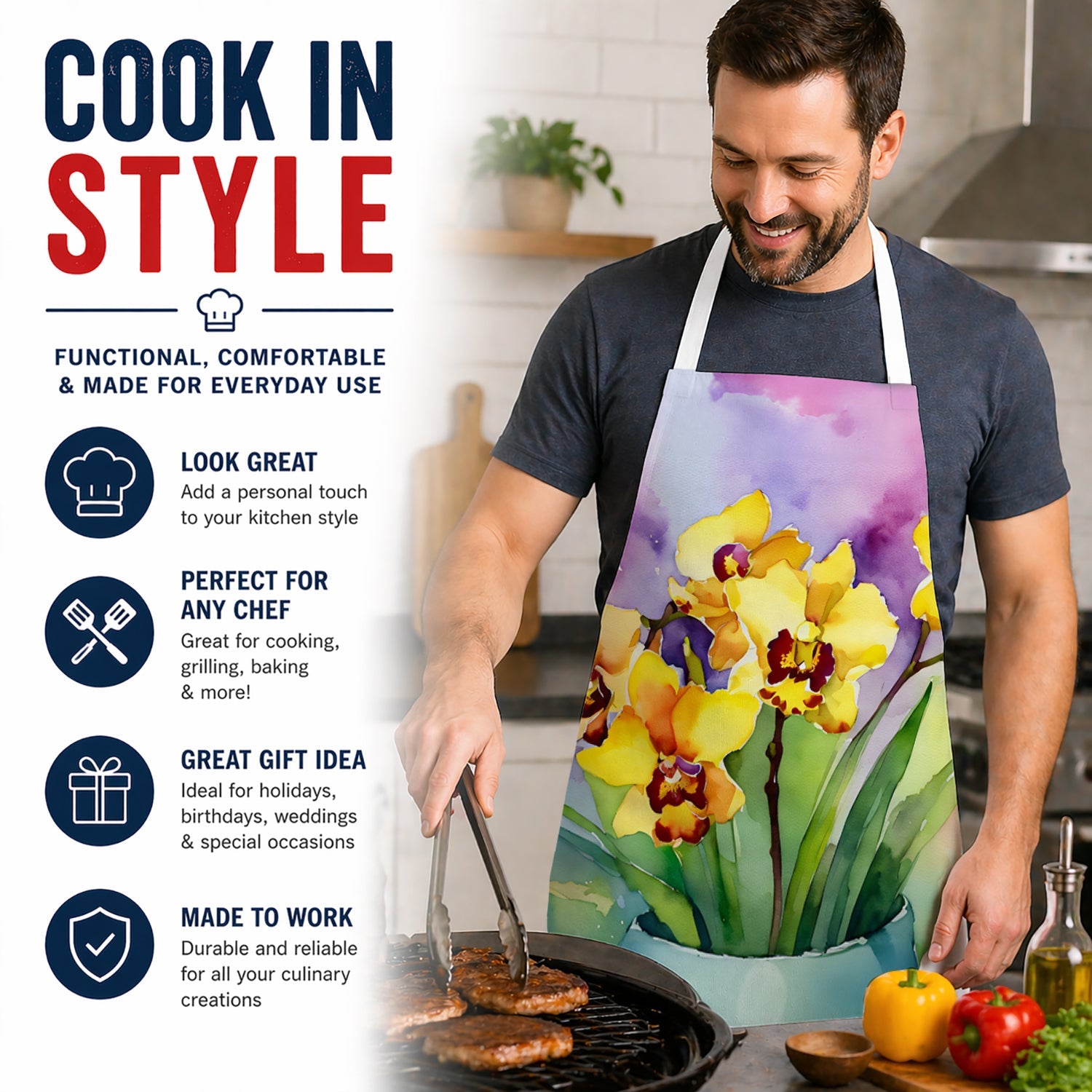 Orchids in Watercolor Apron Cooking Kitchen Server Baking Crafts Gardening for Adult Women Men, Unisex, Large, Multicolor