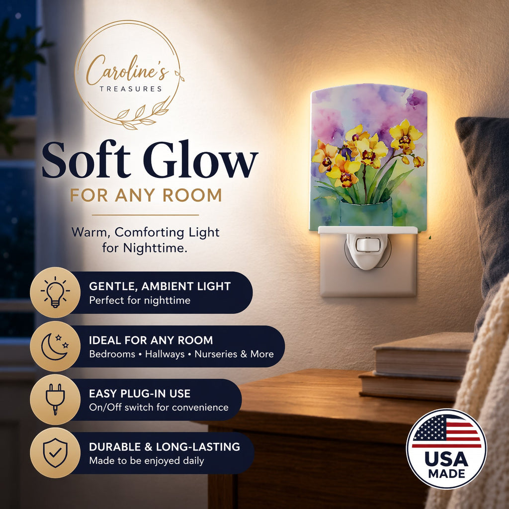 Orchids in Watercolor Ceramic Night Light Compact, UL-Certified, Ideal for Bedroom, Bathroom, Nursery, Hallway, Kitchen, 6x4x3, Multicolor